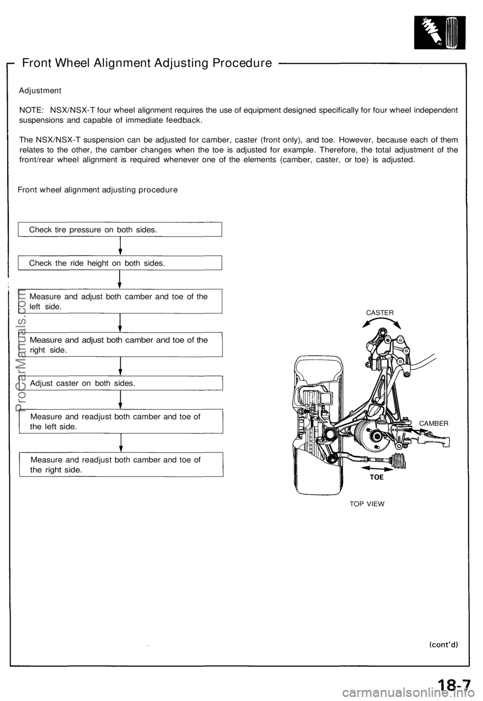 ACURA NSX 1991 Service Repair Manual
Front Wheel Alignment Adjusting Procedure
Adjustment
NOTE: NSX/NSX-T four wheel alignment requires the use of equipment designed specifically for four wheel independent
suspensions and capable of ACURA NSX 1991 Service Repair Manual
Front Wheel Alignment Adjusting Procedure
Adjustment
NOTE: NSX/NSX-T four wheel alignment requires the use of equipment designed specifically for four wheel independent
suspensions and capable of