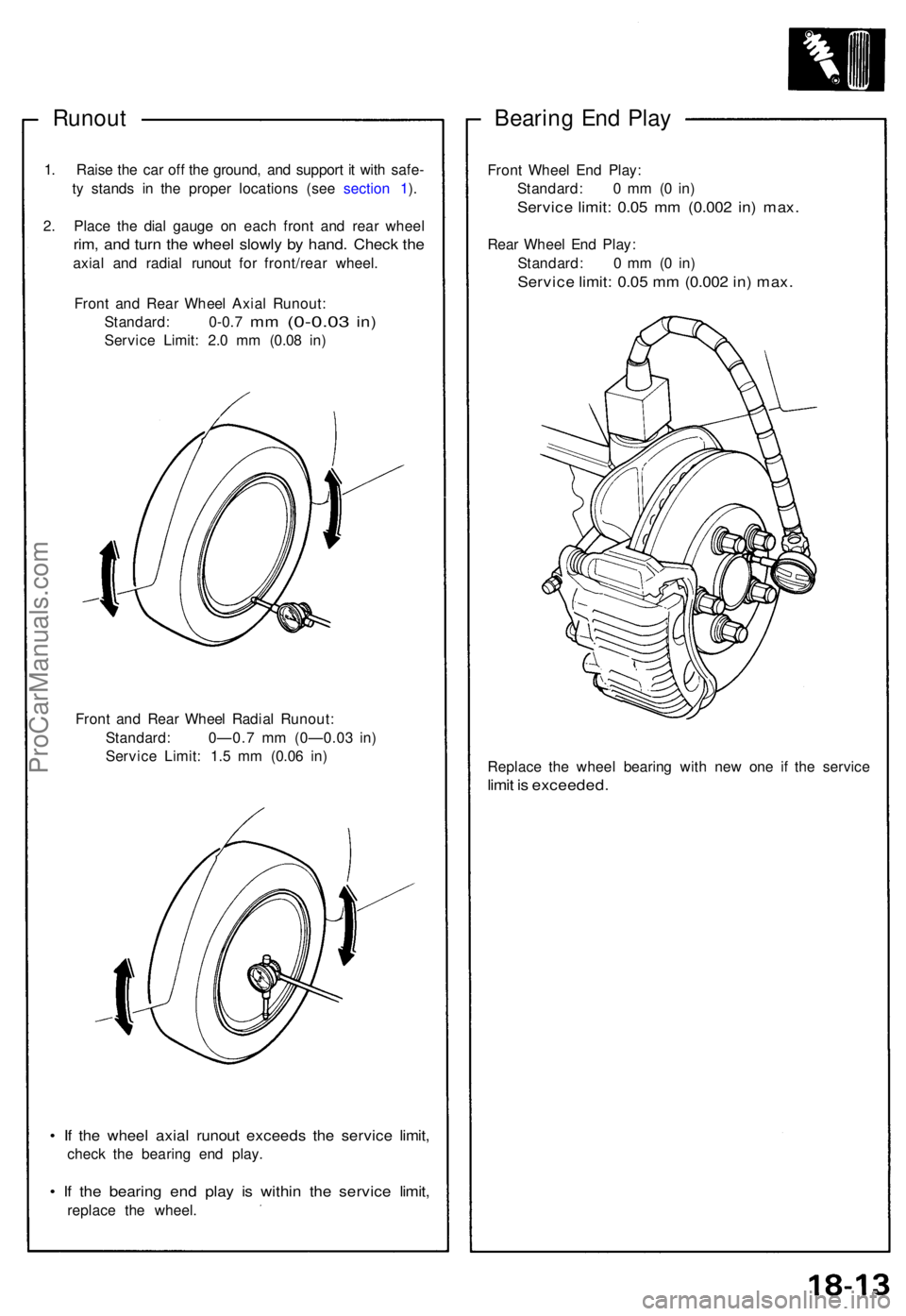ACURA NSX 1991 Service Repair Manual Runout
1. Rais e th e ca r of f th e ground , an d suppor t i t wit h safe -
t y stand s i n th e prope r location s (se e sectio n 1 ).
2 . Plac e th e dia l gaug e o n eac h fron t an d rea r whee ACURA NSX 1991 Service Repair Manual Runout
1. Rais e th e ca r of f th e ground , an d suppor t i t wit h safe -
t y stand s i n th e prope r location s (se e sectio n 1 ).
2 . Plac e th e dia l gaug e o n eac h fron t an d rea r whee