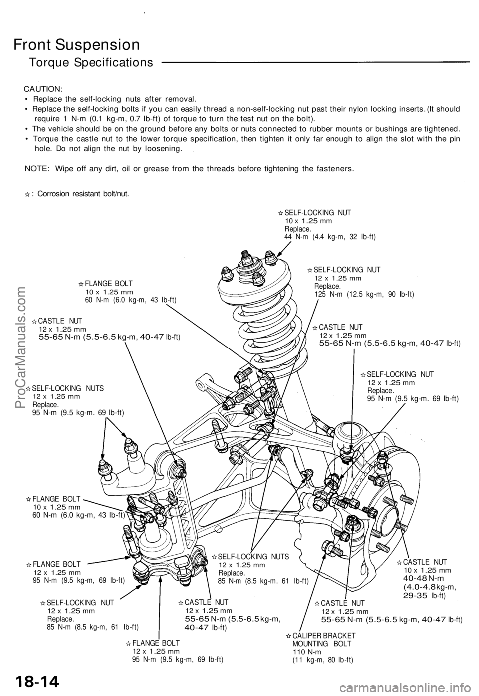 ACURA NSX 1991 Service Repair Manual
Front Suspension
Torque Specifications
CAUTION:
• Replace the self-locking nuts after removal.
• Replace the self-locking bolts if you can easily thread a non-self-locking nut past their nylo ACURA NSX 1991 Service Repair Manual
Front Suspension
Torque Specifications
CAUTION:
• Replace the self-locking nuts after removal.
• Replace the self-locking bolts if you can easily thread a non-self-locking nut past their nylo