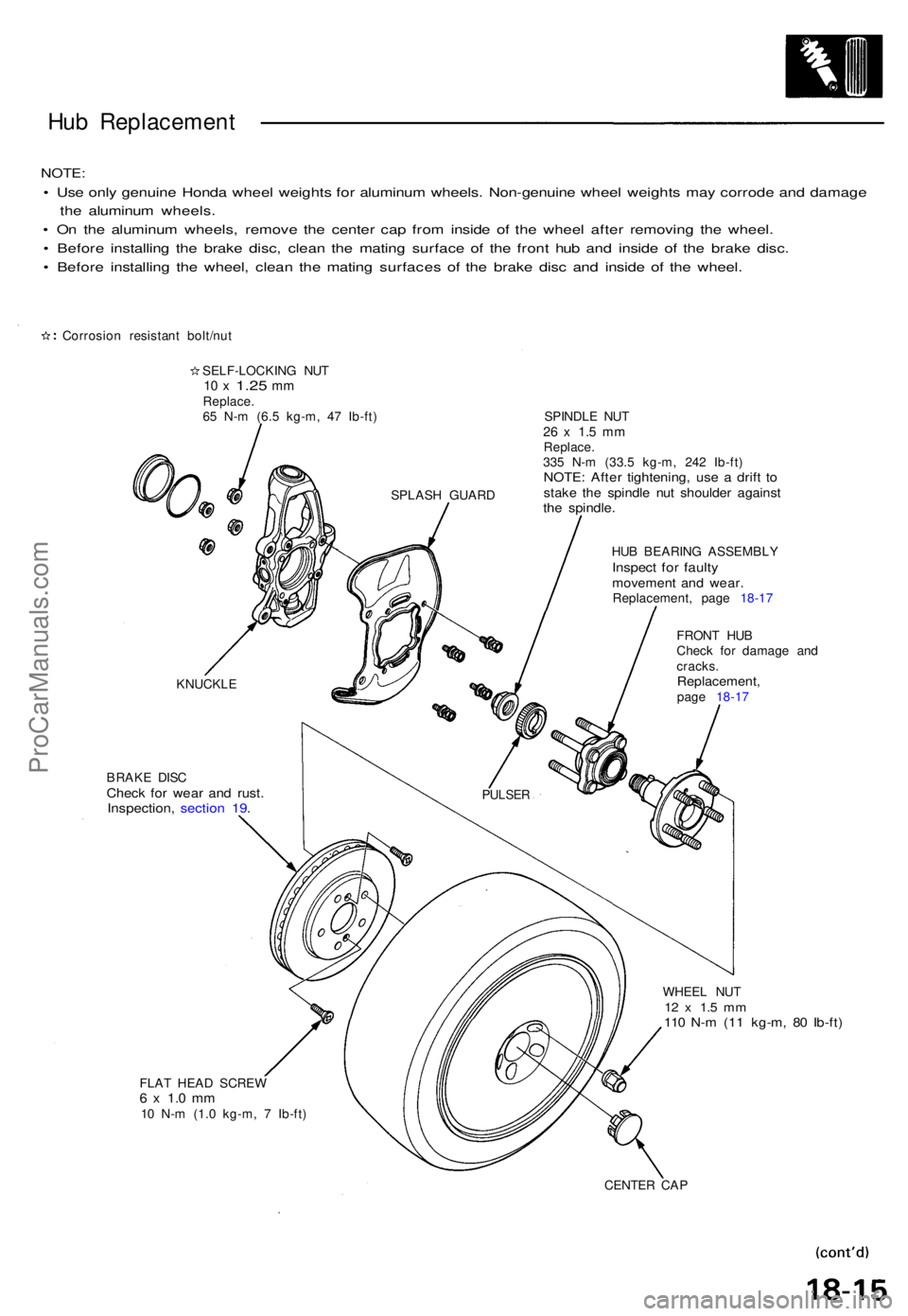ACURA NSX 1991 Service Repair Manual Hub Replacemen t
NOTE:
• Us e onl y genuin e Hond a whee l weight s fo r aluminu m wheels . Non-genuin e whee l weight s ma y corrod e an d damag e
th e aluminu m wheels .
• O n th e aluminu m wh ACURA NSX 1991 Service Repair Manual Hub Replacemen t
NOTE:
• Us e onl y genuin e Hond a whee l weight s fo r aluminu m wheels . Non-genuin e whee l weight s ma y corrod e an d damag e
th e aluminu m wheels .
• O n th e aluminu m wh