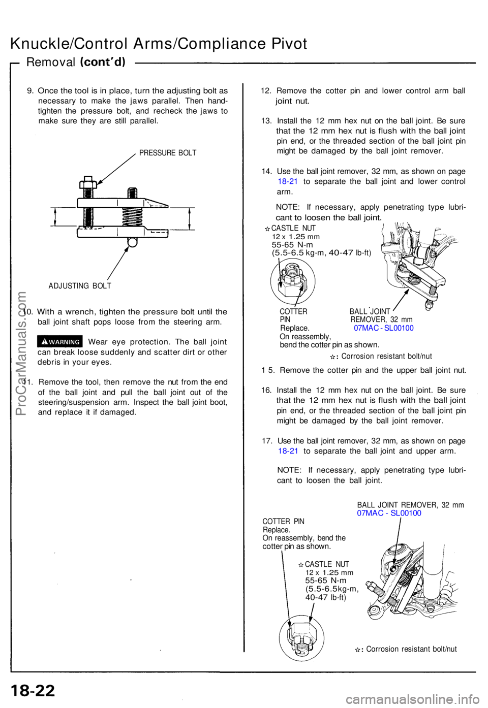 ACURA NSX 1991 Service Repair Manual Knuckle/Control Arms/Complianc e Pivo t
Remova l
9. Onc e th e too l i s i n place , tur n th e adjustin g bol t a s
necessar y t o mak e th e jaw s parallel . The n hand -
tighte n th e pressur e bo ACURA NSX 1991 Service Repair Manual Knuckle/Control Arms/Complianc e Pivo t
Remova l
9. Onc e th e too l i s i n place , tur n th e adjustin g bol t a s
necessar y t o mak e th e jaw s parallel . The n hand -
tighte n th e pressur e bo