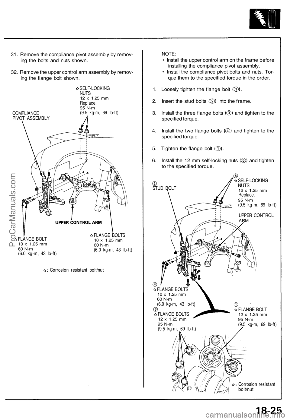 ACURA NSX 1991 Service Repair Manual
31. Remove the compliance pivot assembly by remov-
ing the bolts and nuts shown.
32. Remove the upper control arm assembly by remov-
ing the flange bolt shown.
SELF-LOCKING
NUTS
12 x
1.25
mm
ACURA NSX 1991 Service Repair Manual
31. Remove the compliance pivot assembly by remov-
ing the bolts and nuts shown.
32. Remove the upper control arm assembly by remov-
ing the flange bolt shown.
SELF-LOCKING
NUTS
12 x
1.25
mm