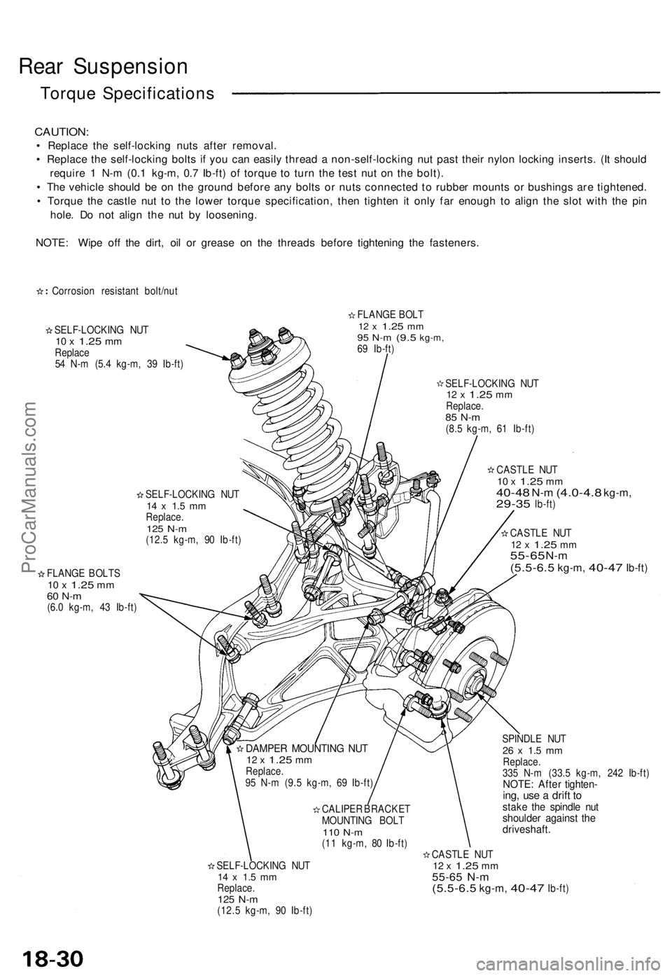 ACURA NSX 1991 Service Repair Manual
Rear Suspension
Torque Specifications
CAUTION:
• Replace the self-locking nuts after removal.
• Replace the self-locking bolts if you can easily thread a non-self-locking nut past their nylon ACURA NSX 1991 Service Repair Manual
Rear Suspension
Torque Specifications
CAUTION:
• Replace the self-locking nuts after removal.
• Replace the self-locking bolts if you can easily thread a non-self-locking nut past their nylon