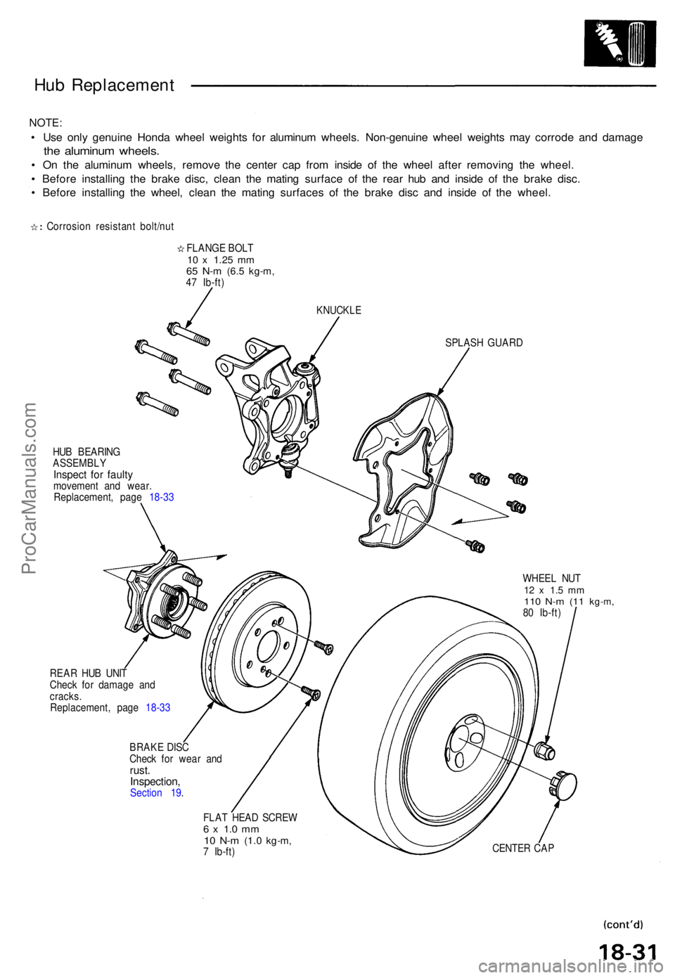 ACURA NSX 1991 Service Repair Manual Hub Replacemen t
NOTE:
• Us e onl y genuin e Hond a whee l weight s fo r aluminu m wheels . Non-genuin e whee l weight s ma y corrod e an d damag e
the aluminu m wheels .
• O n th e aluminu m whee ACURA NSX 1991 Service Repair Manual Hub Replacemen t
NOTE:
• Us e onl y genuin e Hond a whee l weight s fo r aluminu m wheels . Non-genuin e whee l weight s ma y corrod e an d damag e
the aluminu m wheels .
• O n th e aluminu m whee