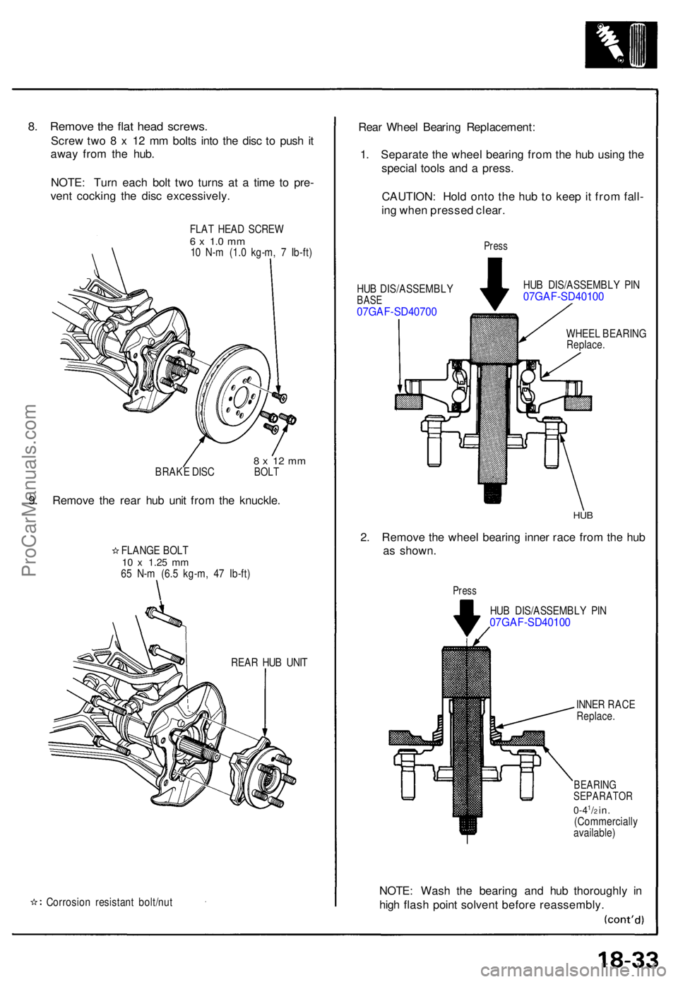 ACURA NSX 1991 Service Repair Manual 8. Remov e th e fla t hea d screws .
Screw tw o 8 x 12 m m bolt s int o th e dis c t o pus h i t
awa y fro m th e hub .
NOTE : Tur n eac h bol t tw o turn s a t a tim e t o pre -
ven t cockin g th e ACURA NSX 1991 Service Repair Manual 8. Remov e th e fla t hea d screws .
Screw tw o 8 x 12 m m bolt s int o th e dis c t o pus h i t
awa y fro m th e hub .
NOTE : Tur n eac h bol t tw o turn s a t a tim e t o pre -
ven t cockin g th e