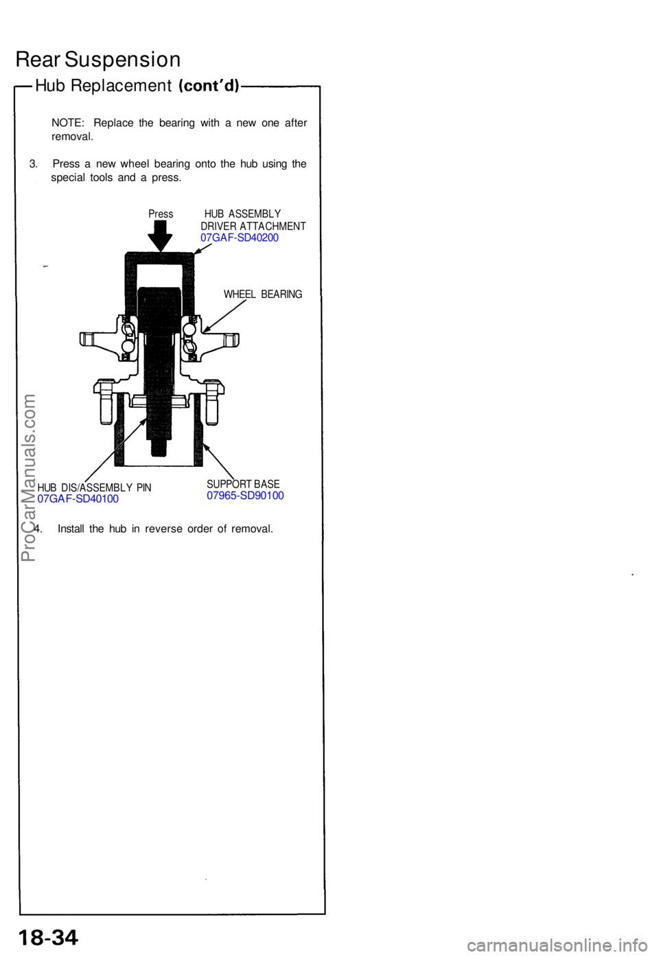ACURA NSX 1991 Service Repair Manual Rear Suspensio n
Hub Replacemen t
NOTE: Replac e th e bearin g wit h a ne w on e afte r
removal .
3 . Pres s a ne w whee l bearin g ont o th e hu b usin g th e
specia l tool s an d a press .
Press ACURA NSX 1991 Service Repair Manual Rear Suspensio n
Hub Replacemen t
NOTE: Replac e th e bearin g wit h a ne w on e afte r
removal .
3 . Pres s a ne w whee l bearin g ont o th e hu b usin g th e
specia l tool s an d a press .
Press