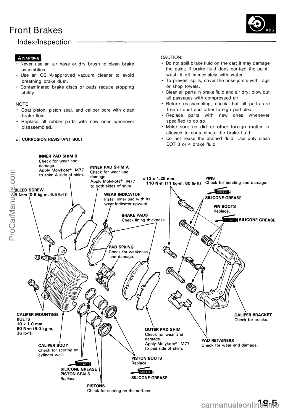 ACURA NSX 1991 Service Repair Manual Front Brake s
Index/Inspectio n
• Neve r us e a n ai r hos e o r dr y brus h t o clea n brak e
assemblies .
• Us e a n OSHA-approve d vacuu m cleane r t o avoi d
breathin g brak e dust .
• Con ACURA NSX 1991 Service Repair Manual Front Brake s
Index/Inspectio n
• Neve r us e a n ai r hos e o r dr y brus h t o clea n brak e
assemblies .
• Us e a n OSHA-approve d vacuu m cleane r t o avoi d
breathin g brak e dust .
• Con