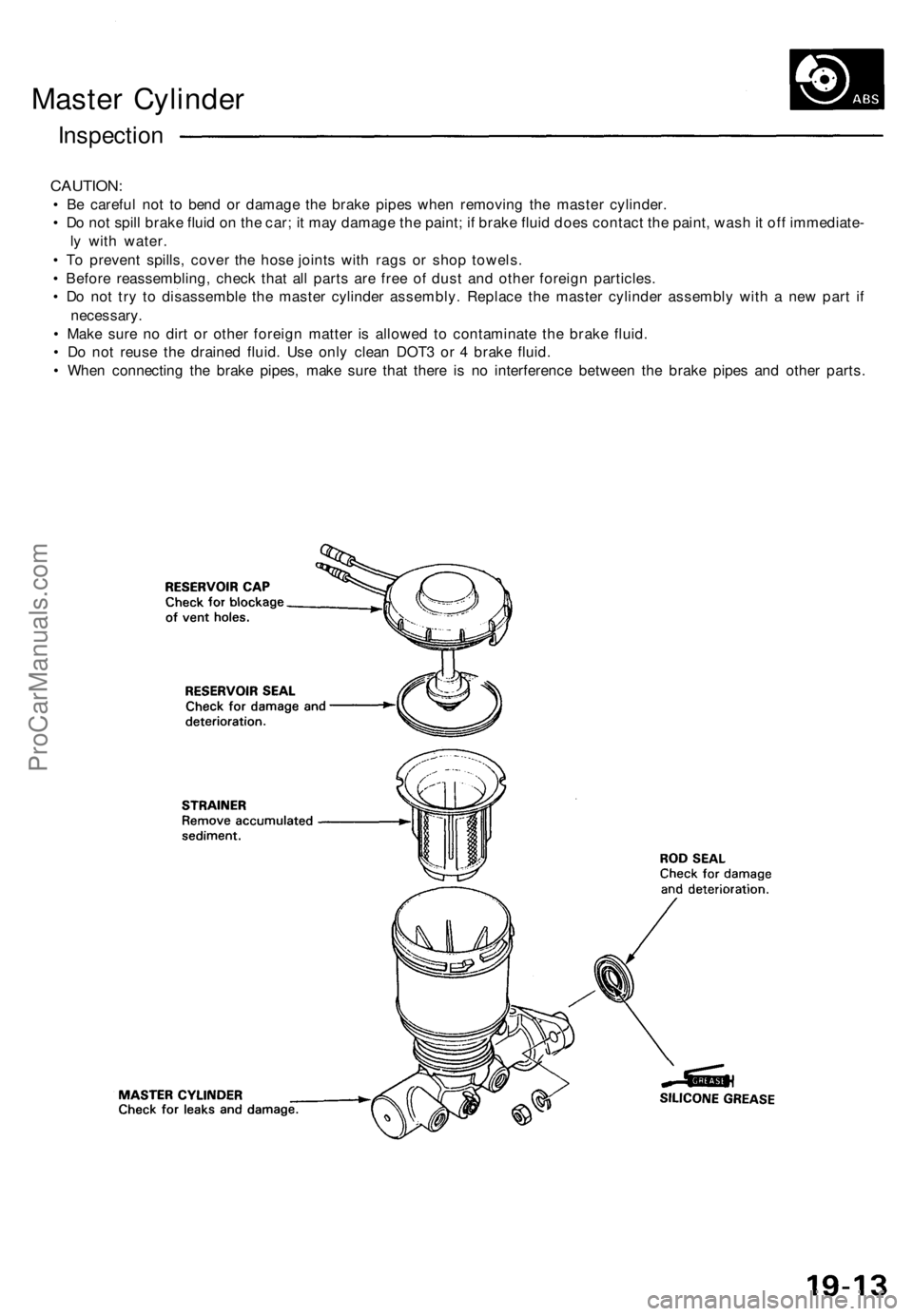 ACURA NSX 1991 Service Repair Manual
Master Cylinder
Inspection
CAUTION:
• Be careful not to bend or damage the brake pipes when removing the master cylinder.
• Do not spill brake fluid on the car; it may damage the paint; if br ACURA NSX 1991 Service Repair Manual
Master Cylinder
Inspection
CAUTION:
• Be careful not to bend or damage the brake pipes when removing the master cylinder.
• Do not spill brake fluid on the car; it may damage the paint; if br