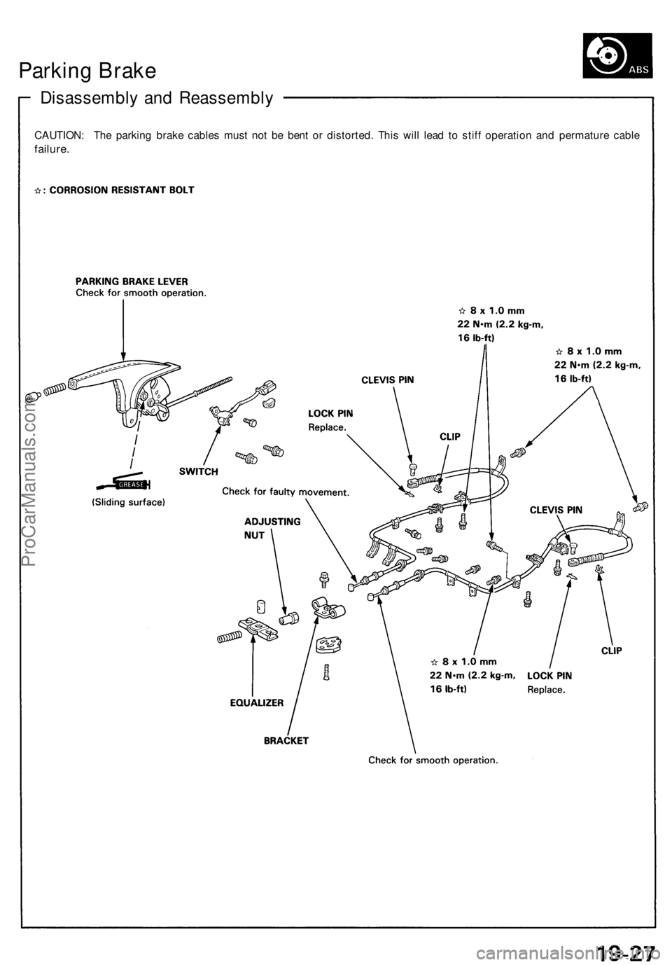 ACURA NSX 1991 Service Repair Manual Parking Brak e
Disassembl y an d Reassembl y
CAUTION: Th e parkin g brak e cable s mus t no t b e ben t o r distorted . Thi s wil l lea d t o stif f operatio n an d permatur e cabl e
failure .
ProCarM ACURA NSX 1991 Service Repair Manual Parking Brak e
Disassembl y an d Reassembl y
CAUTION: Th e parkin g brak e cable s mus t no t b e ben t o r distorted . Thi s wil l lea d t o stif f operatio n an d permatur e cabl e
failure .
ProCarM