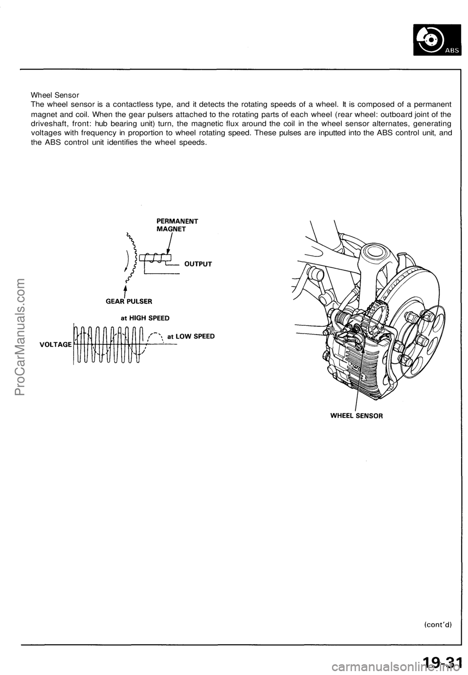 ACURA NSX 1991 Service Repair Manual
Wheel Sensor
The wheel sensor is a contactless type, and it detects the rotating speeds of a wheel. It is composed of a permanent
magnet and coil. When the gear pulsers attached to the rotating par ACURA NSX 1991 Service Repair Manual
Wheel Sensor
The wheel sensor is a contactless type, and it detects the rotating speeds of a wheel. It is composed of a permanent
magnet and coil. When the gear pulsers attached to the rotating par