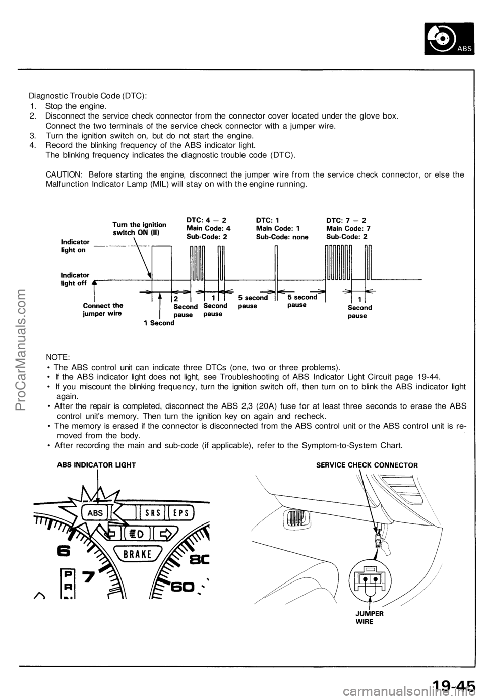 ACURA NSX 1991 Service Repair Manual
Diagnostic Trouble Code (DTC):
1. Stop the engine.
2. Disconnect the service check connector from the connector cover located under the glove box.
Connect the two terminals of the service check co ACURA NSX 1991 Service Repair Manual
Diagnostic Trouble Code (DTC):
1. Stop the engine.
2. Disconnect the service check connector from the connector cover located under the glove box.
Connect the two terminals of the service check co