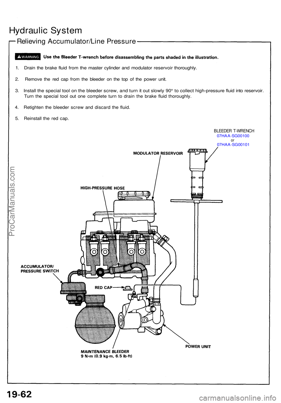 ACURA NSX 1991 Service Repair Manual Hydraulic Syste m
Relievin g Accumulator/Lin e Pressur e
1. Drai n th e brak e flui d fro m th e maste r cylinde r an d modulato r reservoi r thoroughly .
2. Remov e th e re d ca p fro m th e bleede r ACURA NSX 1991 Service Repair Manual Hydraulic Syste m
Relievin g Accumulator/Lin e Pressur e
1. Drai n th e brak e flui d fro m th e maste r cylinde r an d modulato r reservoi r thoroughly .
2. Remov e th e re d ca p fro m th e bleede r