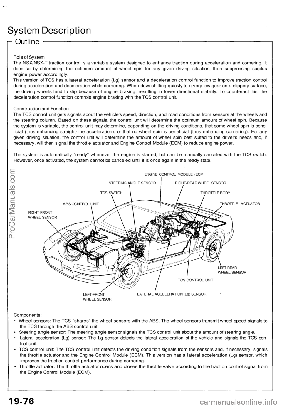 ACURA NSX 1991 Service Repair Manual System Descriptio n
Outline
Role o f Syste m
Th e NSX/NSX- T tractio n contro l i s a variabl e syste m designe d t o enhanc e tractio n durin g acceleratio n an d cornering . I t
doe s s o b y deter ACURA NSX 1991 Service Repair Manual System Descriptio n
Outline
Role o f Syste m
Th e NSX/NSX- T tractio n contro l i s a variabl e syste m designe d t o enhanc e tractio n durin g acceleratio n an d cornering . I t
doe s s o b y deter