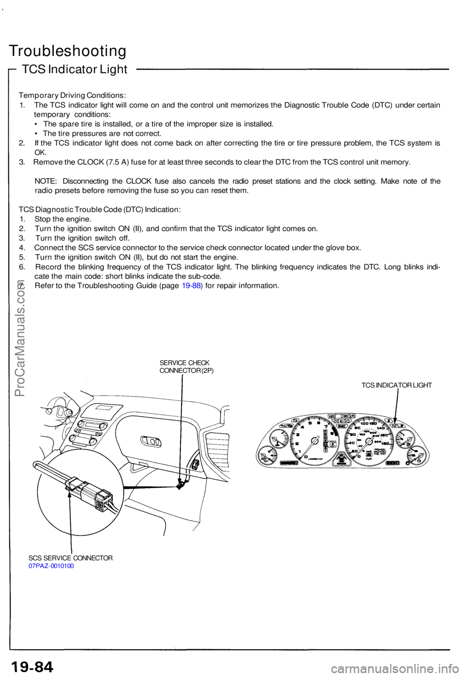 ACURA NSX 1991 Service Repair Manual Troubleshooting
TCS Indicato r Ligh t
Temporar y Drivin g Conditions :
1 . Th e TC S indicato r ligh t wil l com e o n an d th e contro l uni t memorize s th e Diagnosti c Troubl e Cod e (DTC ) unde r ACURA NSX 1991 Service Repair Manual Troubleshooting
TCS Indicato r Ligh t
Temporar y Drivin g Conditions :
1 . Th e TC S indicato r ligh t wil l com e o n an d th e contro l uni t memorize s th e Diagnosti c Troubl e Cod e (DTC ) unde r