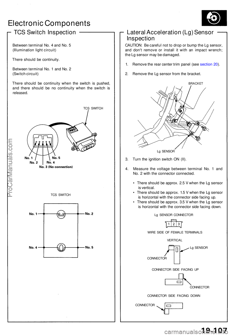 ACURA NSX 1991 Service Repair Manual Electronic Component s
TCS Switc h Inspectio n
Between termina l No . 4 an d No . 5
(Illuminatio n ligh t circuit )
Ther e shoul d b e continuity .
Betwee n termina l No . 1 an d No . 2
(Switc h cir ACURA NSX 1991 Service Repair Manual Electronic Component s
TCS Switc h Inspectio n
Between termina l No . 4 an d No . 5
(Illuminatio n ligh t circuit )
Ther e shoul d b e continuity .
Betwee n termina l No . 1 an d No . 2
(Switc h cir