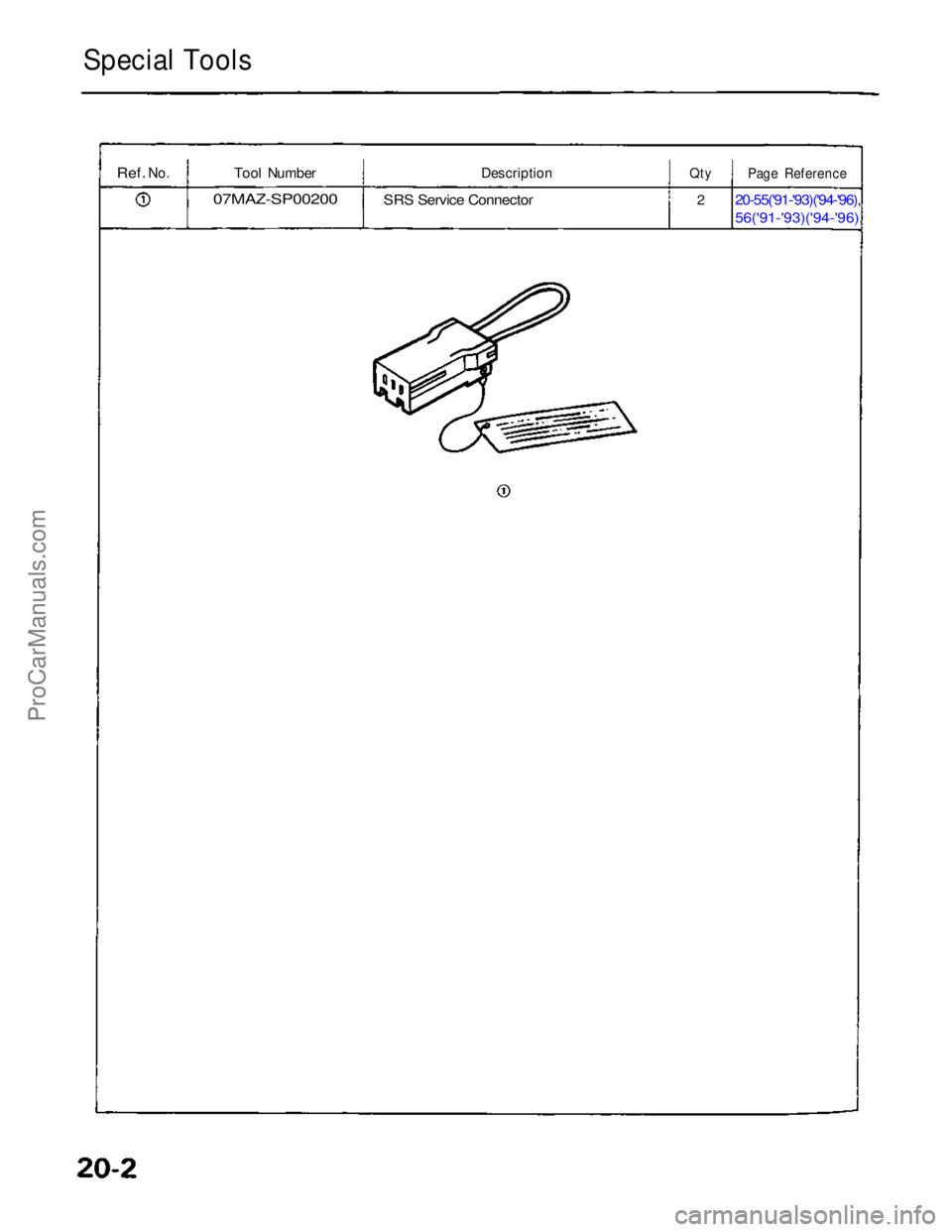 ACURA NSX 1991 Service Repair Manual
Special Tools
Ref.
No.
Tool Number
07MAZ-SP00200
Description
SRS Service Connector
Qty
2
Page Reference
20-55('91-'93)('94-'96),
56('91-'93)('94-'96),
ProC ACURA NSX 1991 Service Repair Manual
Special Tools
Ref.
No.
Tool Number
07MAZ-SP00200
Description
SRS Service Connector
Qty
2
Page Reference
20-55('91-'93)('94-'96),
56('91-'93)('94-'96),
ProC