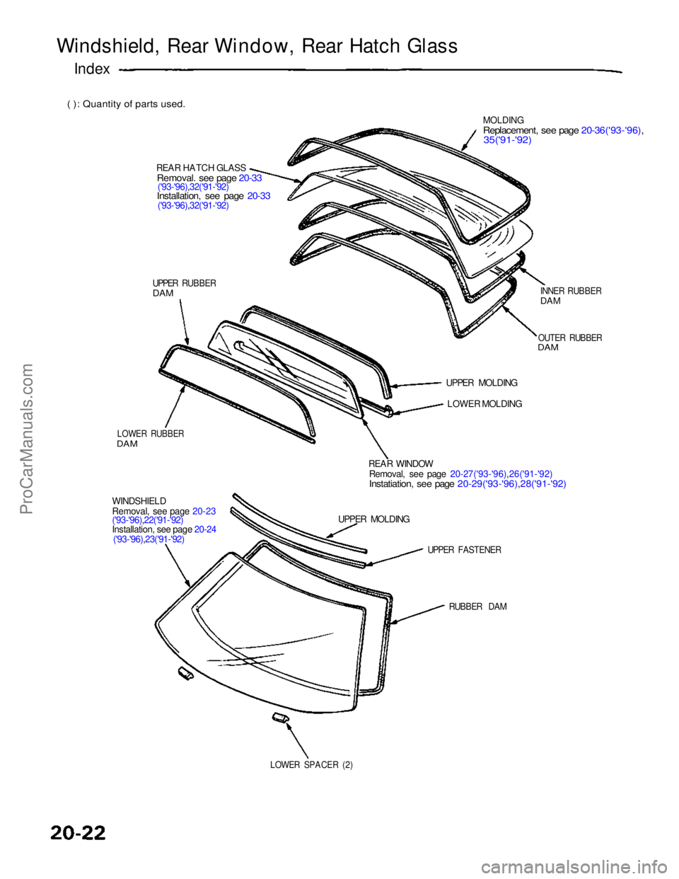 ACURA NSX 1991 Service Repair Manual
Windshield, Rear Window, Rear Hatch Glass
Index
( ): Quantity of parts used.
REAR HATCH GLASS
Removal. see page 20-33
('93-'96),32('91-'92)
Installation, see page 20-33
('93- ACURA NSX 1991 Service Repair Manual
Windshield, Rear Window, Rear Hatch Glass
Index
( ): Quantity of parts used.
REAR HATCH GLASS
Removal. see page 20-33
('93-'96),32('91-'92)
Installation, see page 20-33
('93-