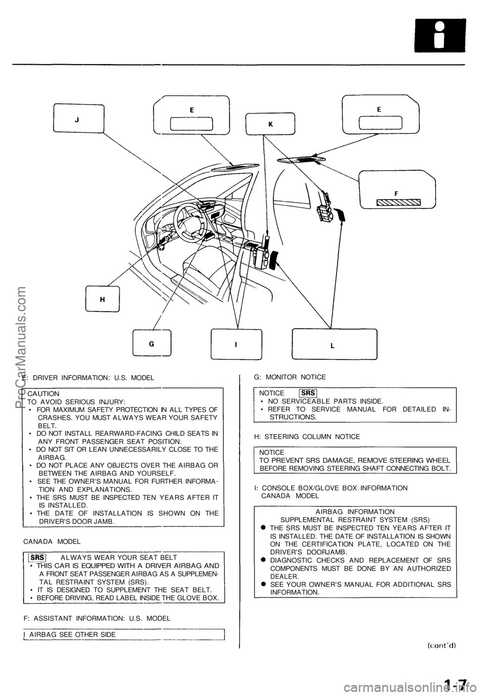 ACURA NSX 1991  Service Repair Manual E: DRIVE R INFORMATION : U.S . MODE L
CAUTIO NTO  AVOI D SERIOU S INJURY :
•  FO R MAXIMU M SAFET Y PROTECTIO N IN  AL L TYPE S O F
CRASHES . YO U MUS T ALWAY S WEA R YOU R SAFET Y
BELT.• D O NO T