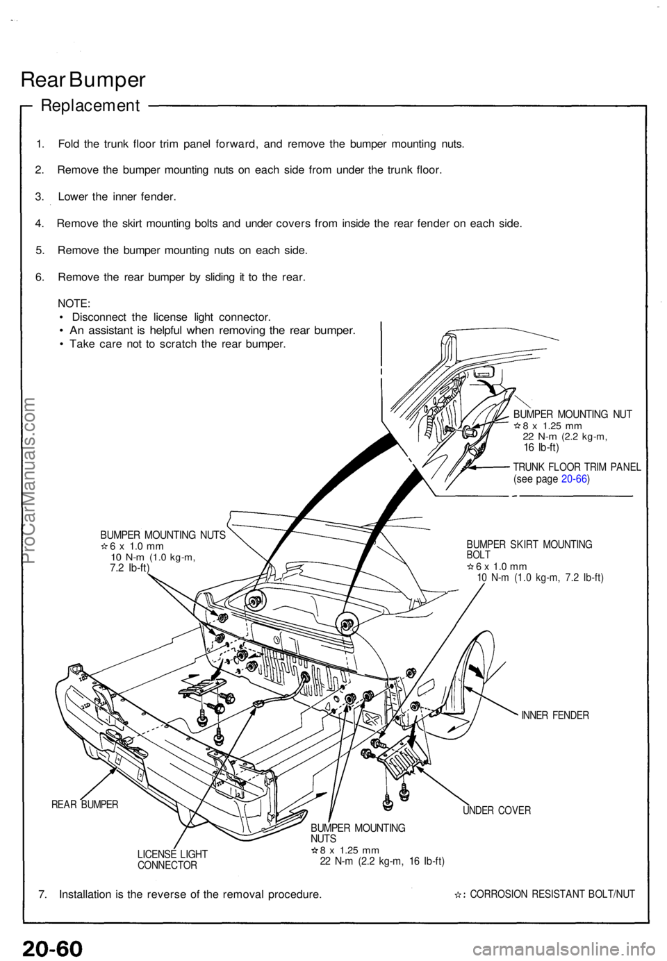 ACURA NSX 1991 Service Repair Manual Rear Bumpe r
Replacemen t
1. Fol d th e trun k floo r tri m pane l forward , an d remov e th e bumpe r mountin g nuts .
2 . Remov e th e bumpe r mountin g nut s o n eac h sid e fro m unde r th e trun ACURA NSX 1991 Service Repair Manual Rear Bumpe r
Replacemen t
1. Fol d th e trun k floo r tri m pane l forward , an d remov e th e bumpe r mountin g nuts .
2 . Remov e th e bumpe r mountin g nut s o n eac h sid e fro m unde r th e trun