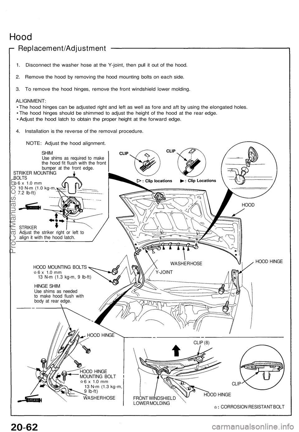ACURA NSX 1991 Service Repair Manual Hood
Replacement/Adjustmen t
1. Disconnec t th e washe r hos e a t th e Y-joint , the n pul l i t ou t o f th e hood .
2 . Remov e th e hoo d b y removin g th e hoo d mountin g bolt s o n eac h side . ACURA NSX 1991 Service Repair Manual Hood
Replacement/Adjustmen t
1. Disconnec t th e washe r hos e a t th e Y-joint , the n pul l i t ou t o f th e hood .
2 . Remov e th e hoo d b y removin g th e hoo d mountin g bolt s o n eac h side .