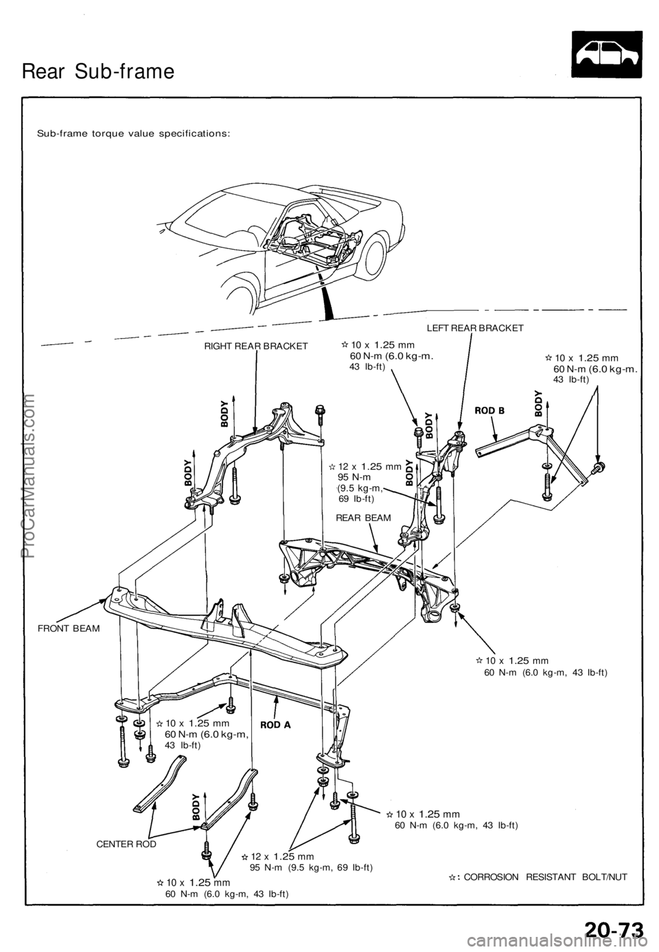 ACURA NSX 1991 Service Repair Manual Rear Sub-fram e
Sub-frame torqu e valu e specifications :
LEFT REA R BRACKE T
RIGH T REA R BRACKE T
10 x 1.2 5 mm60 N- m (6. 0 kg-m .43 Ib-ft )10 x 1.2 5 mm60 N- m (6. 0 kg-m .43 Ib-ft )
FRON T ACURA NSX 1991 Service Repair Manual Rear Sub-fram e
Sub-frame torqu e valu e specifications :
LEFT REA R BRACKE T
RIGH T REA R BRACKE T
10 x 1.2 5 mm60 N- m (6. 0 kg-m .43 Ib-ft )10 x 1.2 5 mm60 N- m (6. 0 kg-m .43 Ib-ft )
FRON T