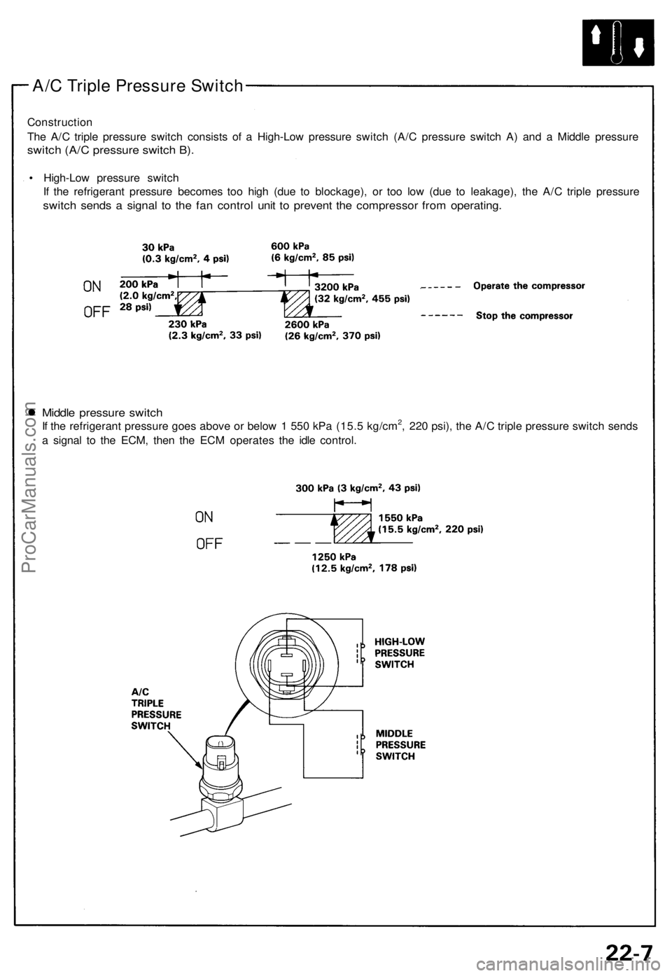 ACURA NSX 1991 Service Repair Manual
A/C Triple Pressure Switch
Construction
The A/C triple pressure switch consists of a High-Low pressure switch (A/C pressure switch A) and a Middle pressure
switch (A/C pressure switch B).
• Hig ACURA NSX 1991 Service Repair Manual
A/C Triple Pressure Switch
Construction
The A/C triple pressure switch consists of a High-Low pressure switch (A/C pressure switch A) and a Middle pressure
switch (A/C pressure switch B).
• Hig