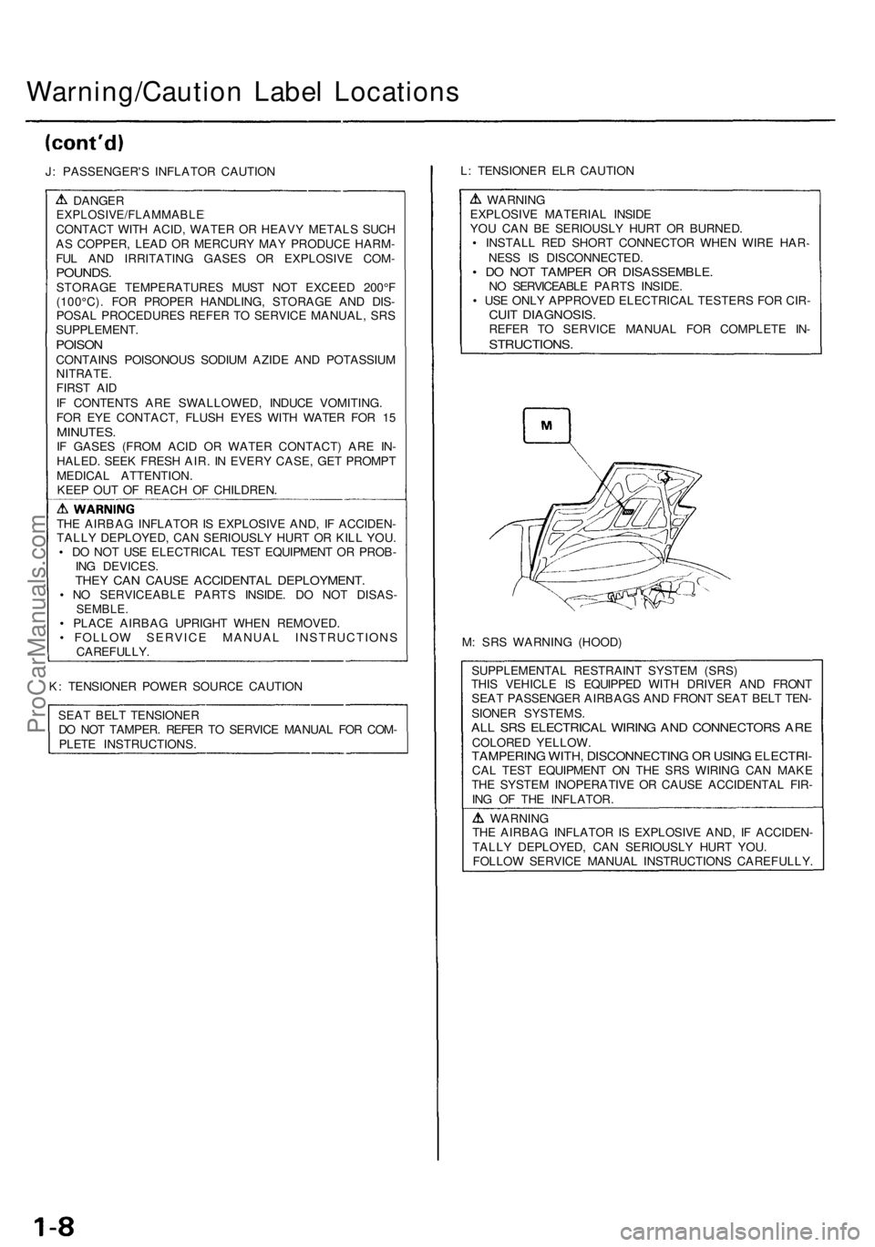 ACURA NSX 1991  Service Repair Manual 
Warning/Caution Label Locations

J: PASSENGER'S INFLATOR CAUTION

DANGER

EXPLOSIVE/FLAMMABLE

CONTACT WITH ACID, WATER OR HEAVY METALS SUCH

AS COPPER, LEAD OR MERCURY MAY PRODUCE HARM-

FUL AND