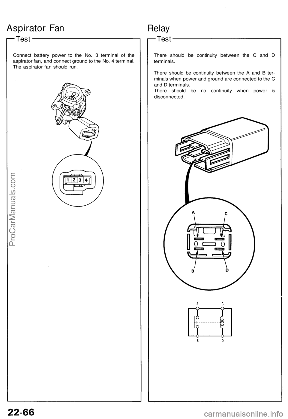 ACURA NSX 1991 Service Repair Manual Aspirator Fa n
Tes t
Connec t batter y powe r t o th e No . 3 termina l o f th e
aspirato r fan , an d connec t groun d to th e No . 4 terminal .
Th e aspirato r fa n shoul d run .
Rela y
Test
Ther ACURA NSX 1991 Service Repair Manual Aspirator Fa n
Tes t
Connec t batter y powe r t o th e No . 3 termina l o f th e
aspirato r fan , an d connec t groun d to th e No . 4 terminal .
Th e aspirato r fa n shoul d run .
Rela y
Test
Ther