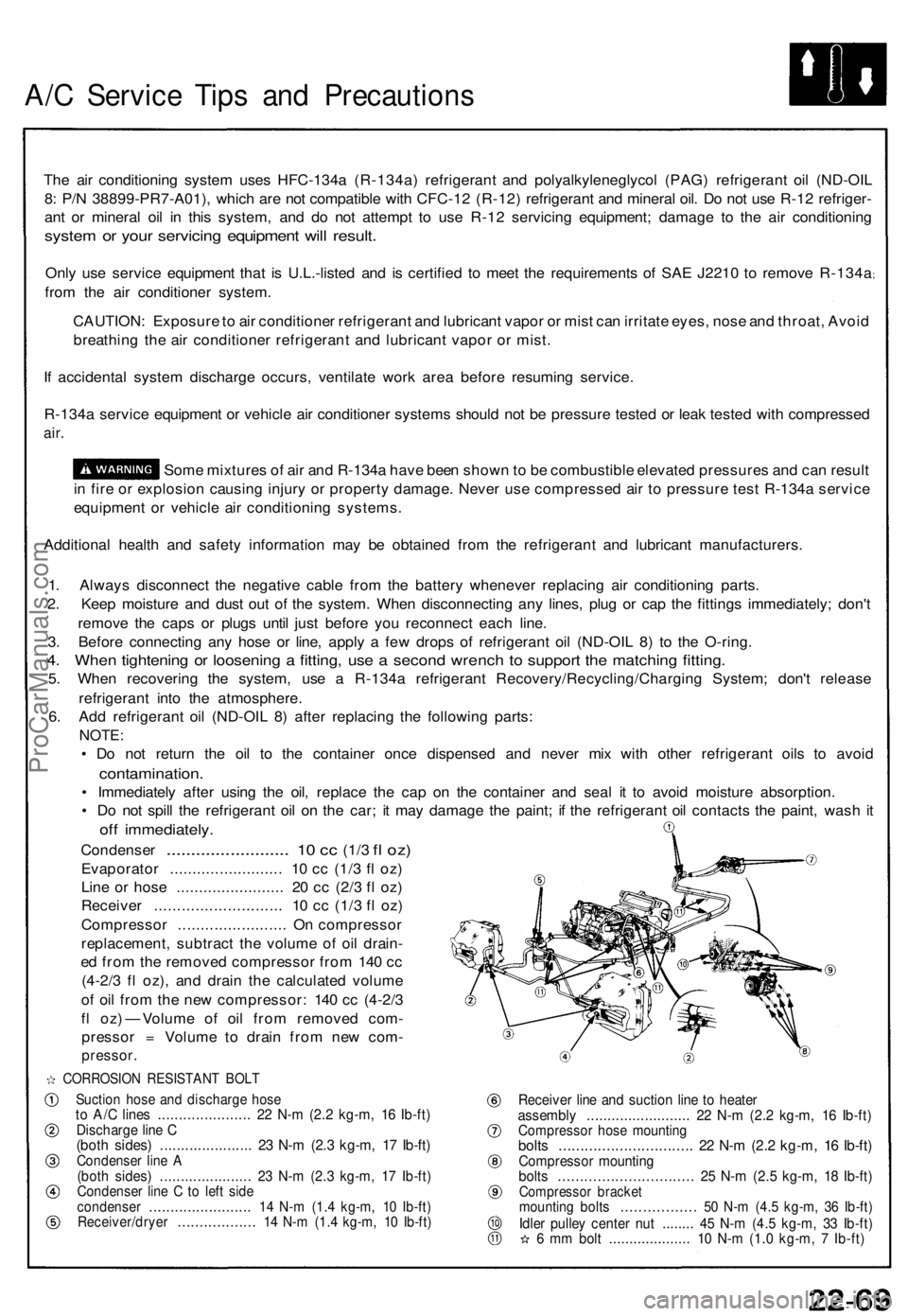 ACURA NSX 1991 Service Repair Manual A/C Servic e Tip s an d Precaution s
The ai r conditionin g syste m use s HFC-134 a (R-134a ) refrigeran t an d polyalkyleneglyco l (PAG ) refrigeran t oi l (ND-OI L
8 : P/ N 38899-PR7-A01) , whic h a ACURA NSX 1991 Service Repair Manual A/C Servic e Tip s an d Precaution s
The ai r conditionin g syste m use s HFC-134 a (R-134a ) refrigeran t an d polyalkyleneglyco l (PAG ) refrigeran t oi l (ND-OI L
8 : P/ N 38899-PR7-A01) , whic h a