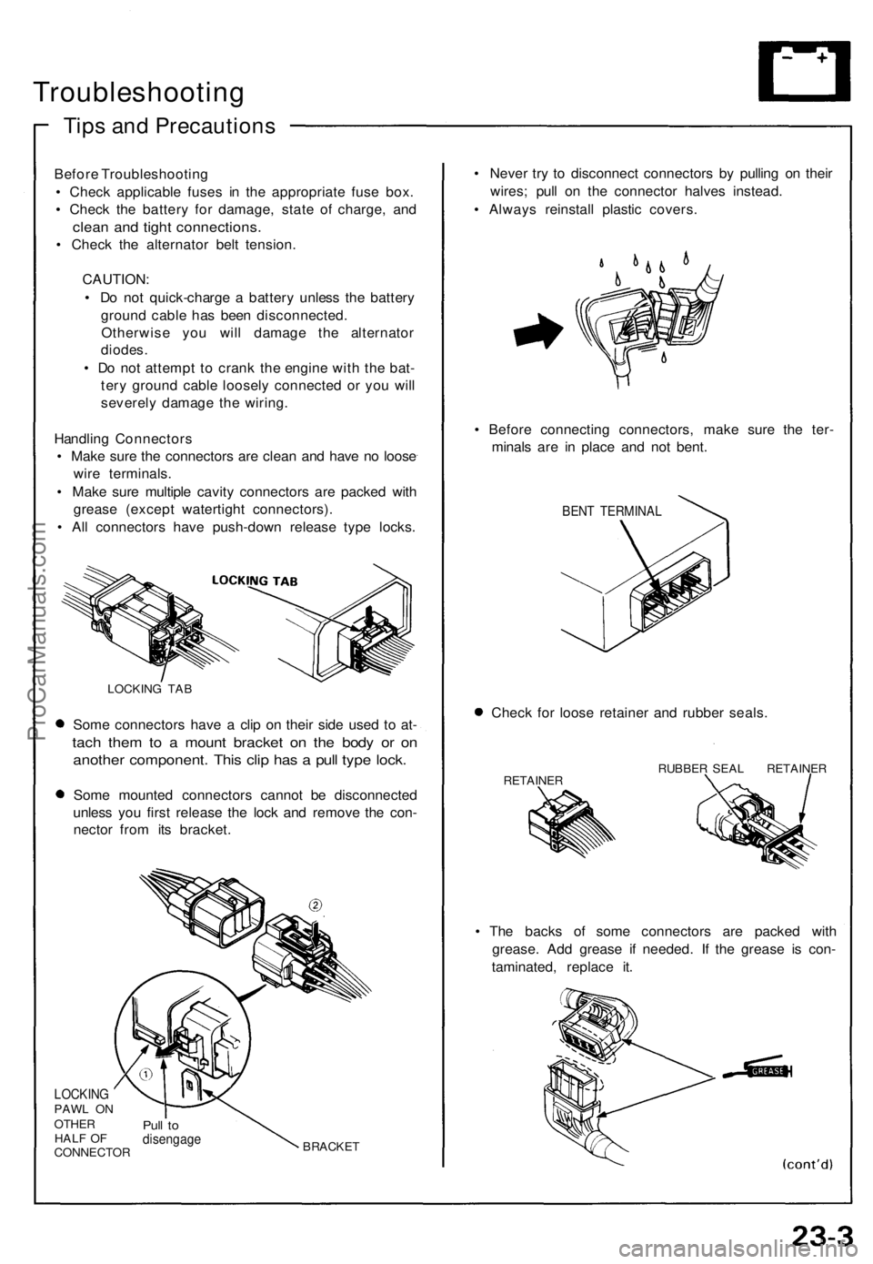 ACURA NSX 1991  Service Repair Manual 
Troubleshooting

Tips and Precautions

Before Troubleshooting

• Check applicable fuses in the appropriate fuse box.

• Check the battery for damage, state of charge, and

clean and tight connect