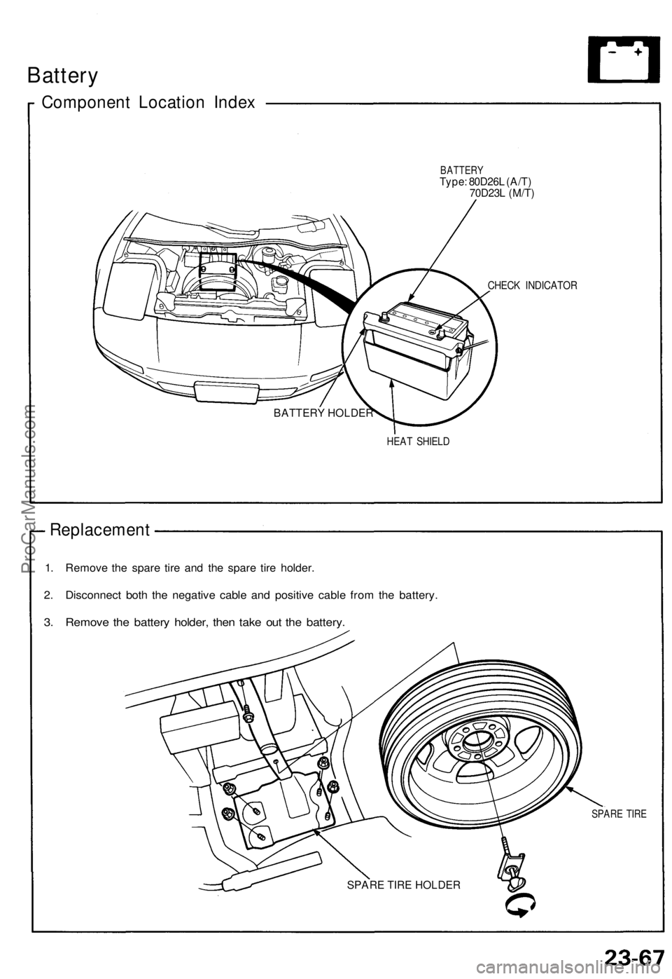 ACURA NSX 1991  Service Repair Manual Battery
Componen t Locatio n Inde x
BATTER YType: 80D26 L (A/T )
70D23 L (M/T )
CHEC K INDICATO R
HEAT SHIEL D
Replacemen t
1. Remov e th e spar e tir e an d th e spar e tir e holder .
2. Disconnec t 