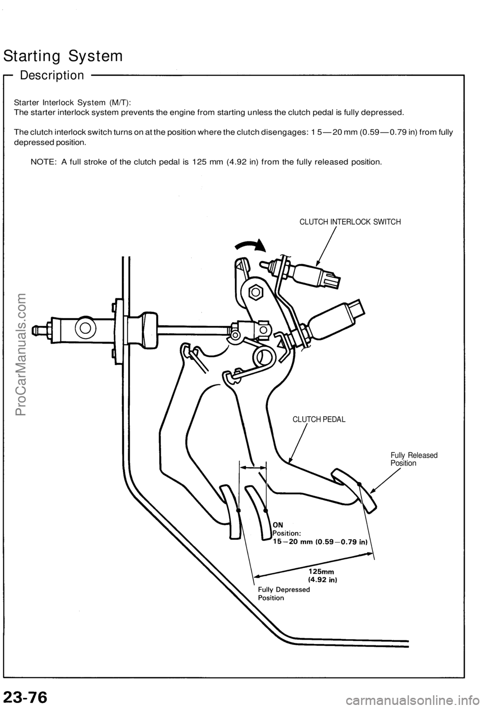 ACURA NSX 1991 Service Repair Manual
Starting System
Description
Starter Interlock System (M/T):
The starter interlock system prevents the engine from starting unless the clutch pedal is fully depressed.
The clutch interlock switch ACURA NSX 1991 Service Repair Manual
Starting System
Description
Starter Interlock System (M/T):
The starter interlock system prevents the engine from starting unless the clutch pedal is fully depressed.
The clutch interlock switch