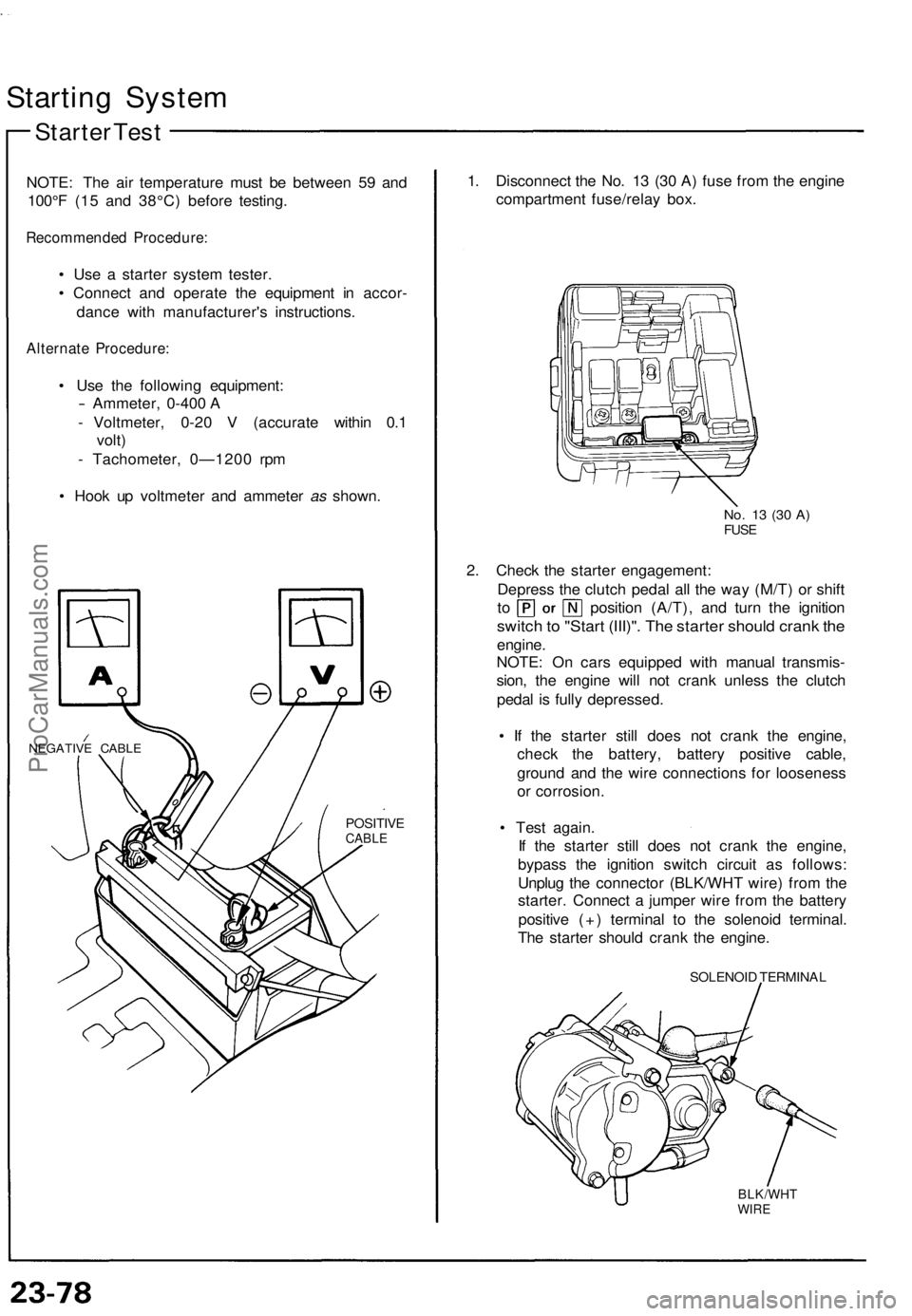 ACURA NSX 1991 Service Repair Manual Starting Syste m
Starter Tes t
NOTE : Th e ai r temperatur e mus t b e betwee n 5 9 an d
100° F (1 5 an d 38°C ) befor e testing .
Recommende d Procedure :
• Us e a starte r syste m tester .
• ACURA NSX 1991 Service Repair Manual Starting Syste m
Starter Tes t
NOTE : Th e ai r temperatur e mus t b e betwee n 5 9 an d
100° F (1 5 an d 38°C ) befor e testing .
Recommende d Procedure :
• Us e a starte r syste m tester .
•