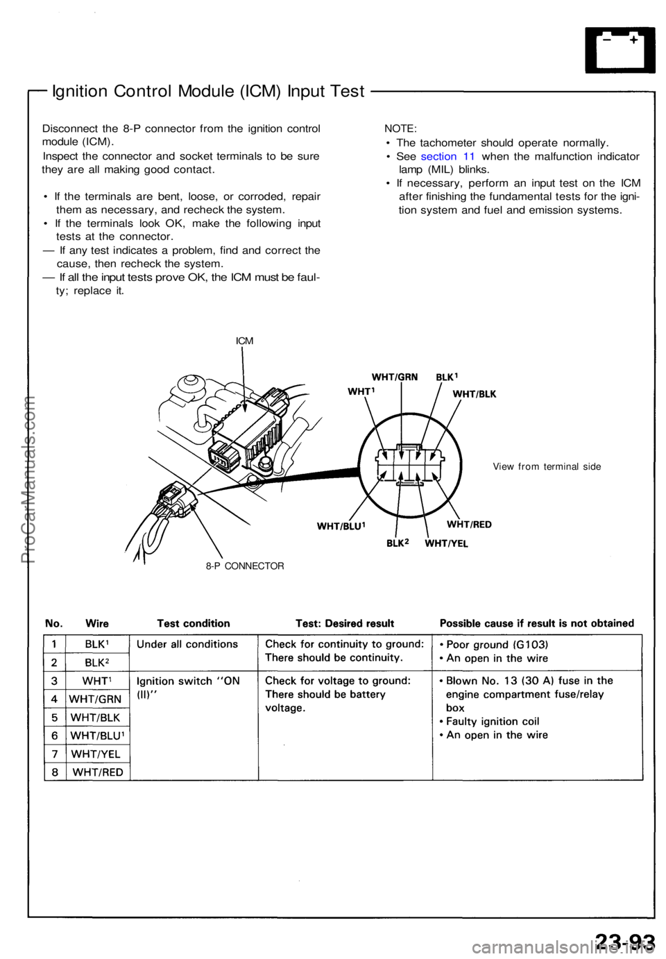 ACURA NSX 1991 Service Repair Manual Ignition Contro l Modul e (ICM ) Inpu t Tes t
Disconnec t th e 8- P connecto r fro m th e ignitio n contro l
modul e (ICM) .
Inspec t th e connecto r an d socke t terminal s t o b e sur e
the y ar e a ACURA NSX 1991 Service Repair Manual Ignition Contro l Modul e (ICM ) Inpu t Tes t
Disconnec t th e 8- P connecto r fro m th e ignitio n contro l
modul e (ICM) .
Inspec t th e connecto r an d socke t terminal s t o b e sur e
the y ar e a