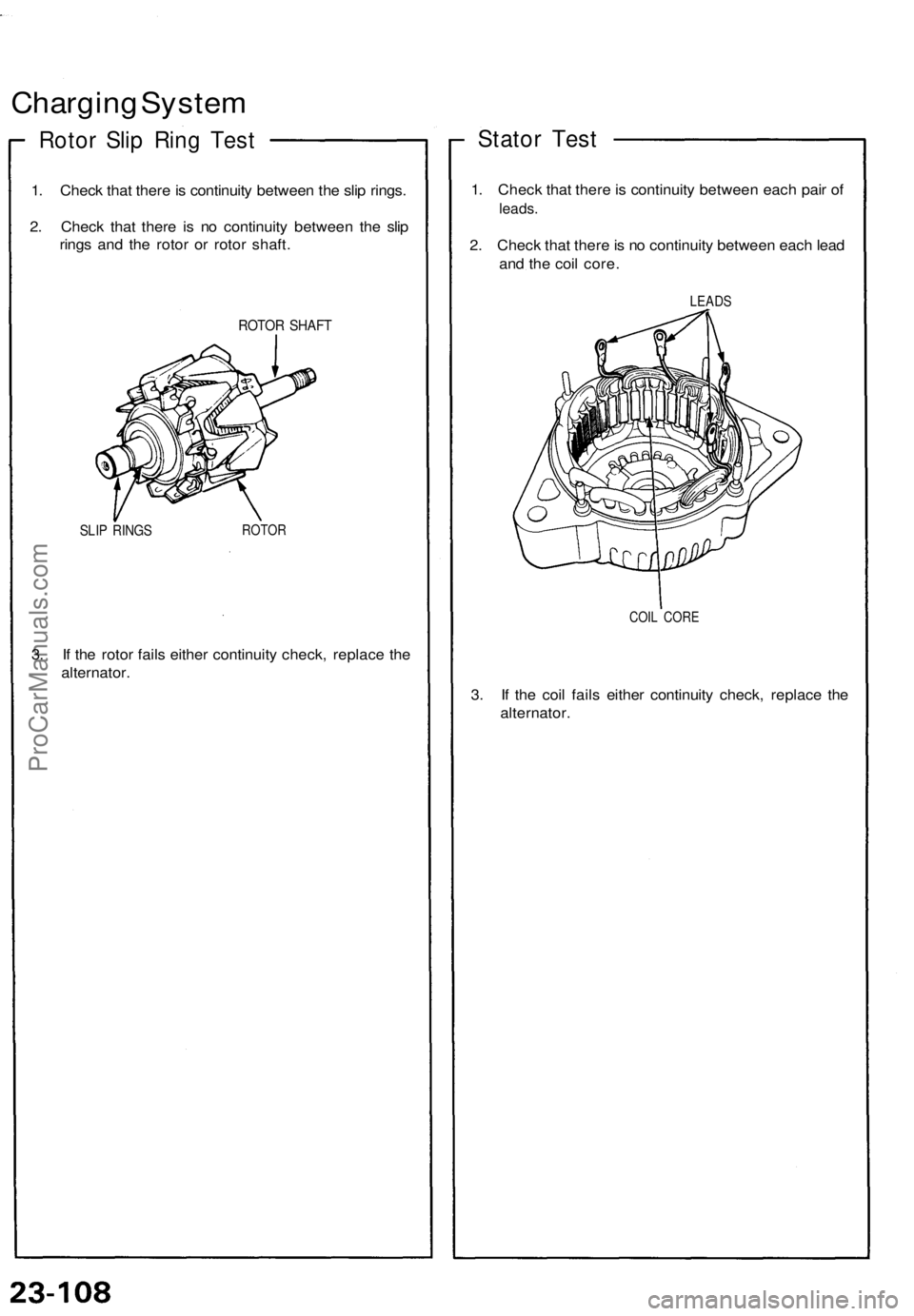 ACURA NSX 1991 Service Repair Manual
Charging System
Rotor Slip Ring Test
1. Check that there is continuity between the slip rings.
2. Check that there is no continuity between the slip
rings and the rotor or rotor shaft.
ROTOR SHA ACURA NSX 1991 Service Repair Manual
Charging System
Rotor Slip Ring Test
1. Check that there is continuity between the slip rings.
2. Check that there is no continuity between the slip
rings and the rotor or rotor shaft.
ROTOR SHA