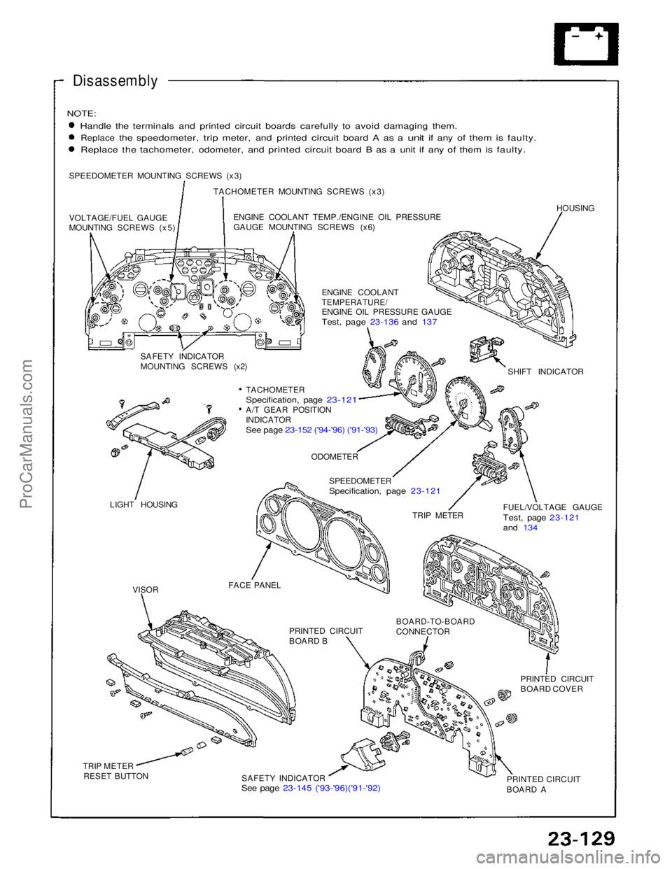 ACURA NSX 1991  Service Repair Manual 
Disassembly

NOTE:
 Handle the terminals and printed circuit boards carefully to avoid damaging them.
Replace
 the
 speedometer,
 trip
 meter,
 and
 printed
 circuit
 board
 A as a
 unit
 if any of
 