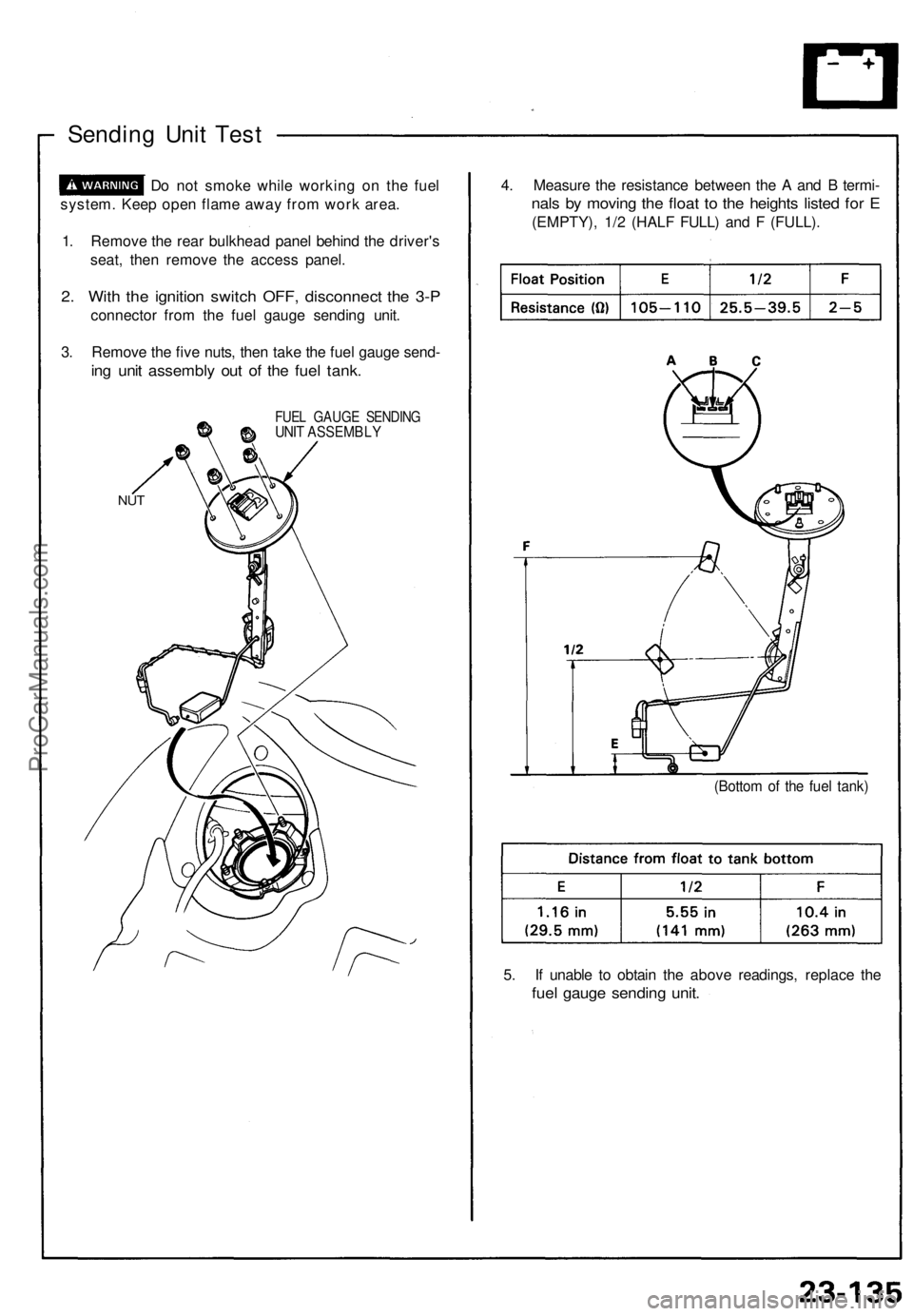 ACURA NSX 1991 Service Repair Manual
Sending Unit Test
Do not smoke while working on the fuel
system. Keep open flame away from work area.
1. Remove the rear bulkhead panel behind the driver's
seat, then remove the access panel. ACURA NSX 1991 Service Repair Manual
Sending Unit Test
Do not smoke while working on the fuel
system. Keep open flame away from work area.
1. Remove the rear bulkhead panel behind the driver's
seat, then remove the access panel.