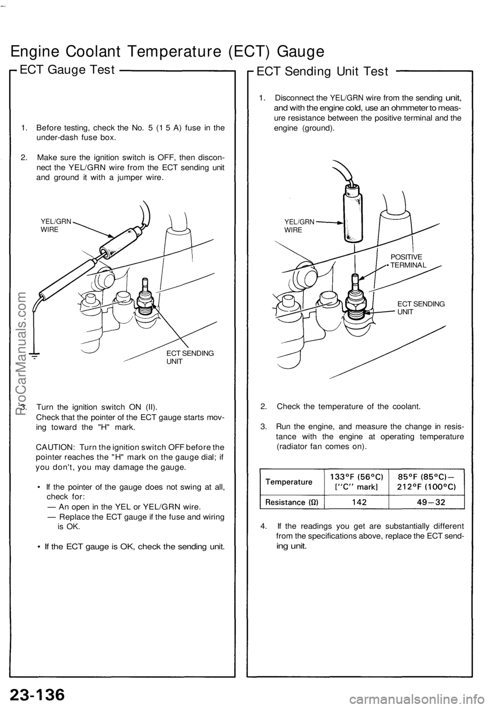 ACURA NSX 1991 Service Repair Manual Engine Coolan t Temperatur e (ECT ) Gaug e
ECT Gaug e Tes t
1. Befor e testing , chec k th e No . 5 (1 5 A ) fus e i n th e
under-das h fus e box .
2 . Mak e sur e th e ignitio n switc h i s OFF , t ACURA NSX 1991 Service Repair Manual Engine Coolan t Temperatur e (ECT ) Gaug e
ECT Gaug e Tes t
1. Befor e testing , chec k th e No . 5 (1 5 A ) fus e i n th e
under-das h fus e box .
2 . Mak e sur e th e ignitio n switc h i s OFF , t