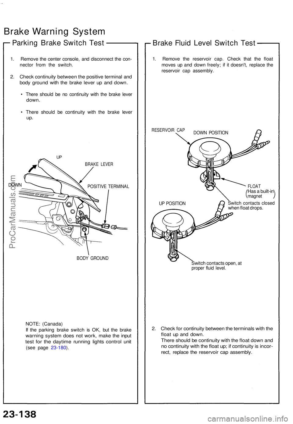 ACURA NSX 1991 Service Repair Manual Brake Warnin g Syste m
Parking Brak e Switc h Tes t
1. Remov e th e cente r console , an d disconnec t th e con -
necto r fro m th e switch .
2. Chec k continuit y betwee n th e positiv e termina l an ACURA NSX 1991 Service Repair Manual Brake Warnin g Syste m
Parking Brak e Switc h Tes t
1. Remov e th e cente r console , an d disconnec t th e con -
necto r fro m th e switch .
2. Chec k continuit y betwee n th e positiv e termina l an