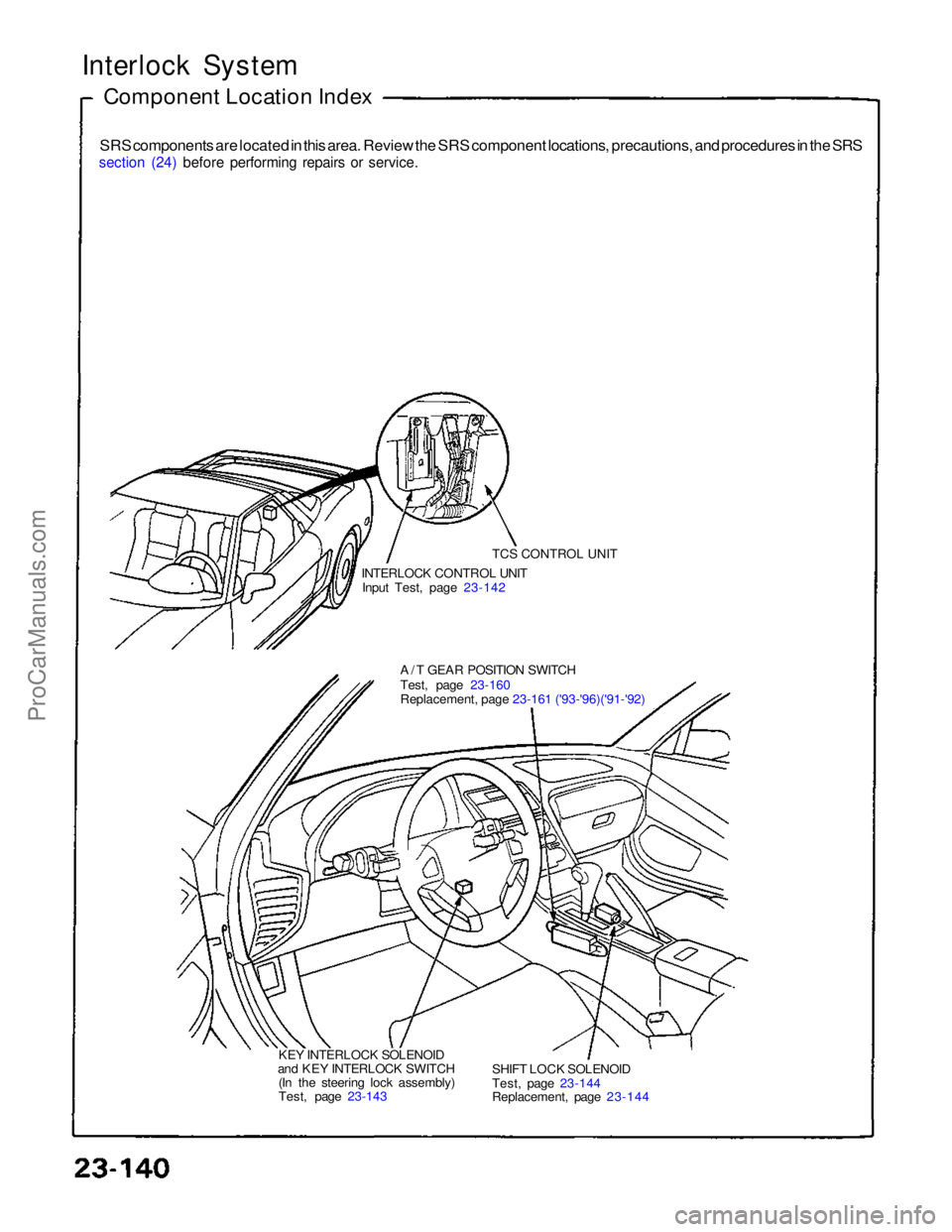 ACURA NSX 1991 Service Repair Manual
Interlock System
Component Location Index
SRS components are located in this area. Review the SRS component locations, precautions, and procedures in the SRS
section (24) before performing repairs ACURA NSX 1991 Service Repair Manual
Interlock System
Component Location Index
SRS components are located in this area. Review the SRS component locations, precautions, and procedures in the SRS
section (24) before performing repairs