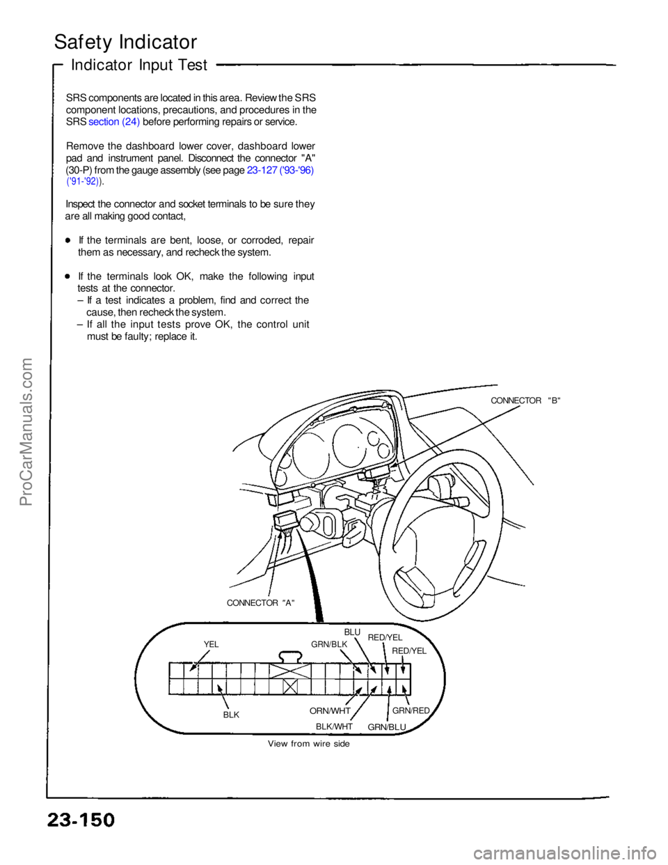 ACURA NSX 1991  Service Repair Manual 
Safety Indicator
Indicator Input Test
SRS components are located in this area. Review the SRS
component locations, precautions, and procedures in the

 SRS section (24) before performing repairs or s