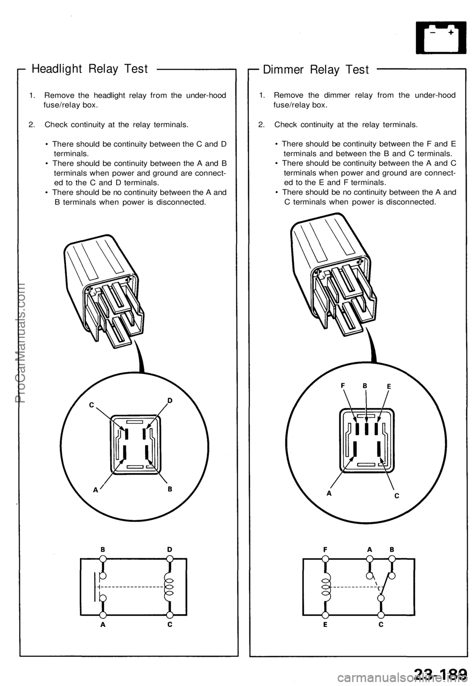 ACURA NSX 1991  Service Repair Manual 
Headlight Relay Test

1. Remove the headlight relay from the under-hood

fuse/relay box.

2. Check continuity at the relay terminals.

• There should be continuity between the C and D

terminals.

