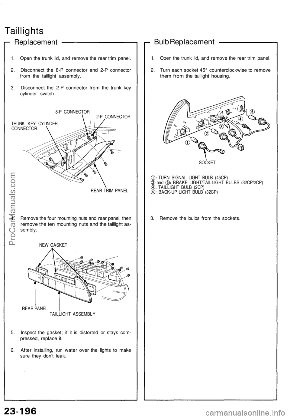 ACURA NSX 1991  Service Repair Manual 
Taillights

Replacement

1. Open the trunk lid, and remove the rear trim panel.

2. Disconnect the 8-P connector and 2-P connector

from the taillight assembly.

3. Disconnect the 2-P connector from 