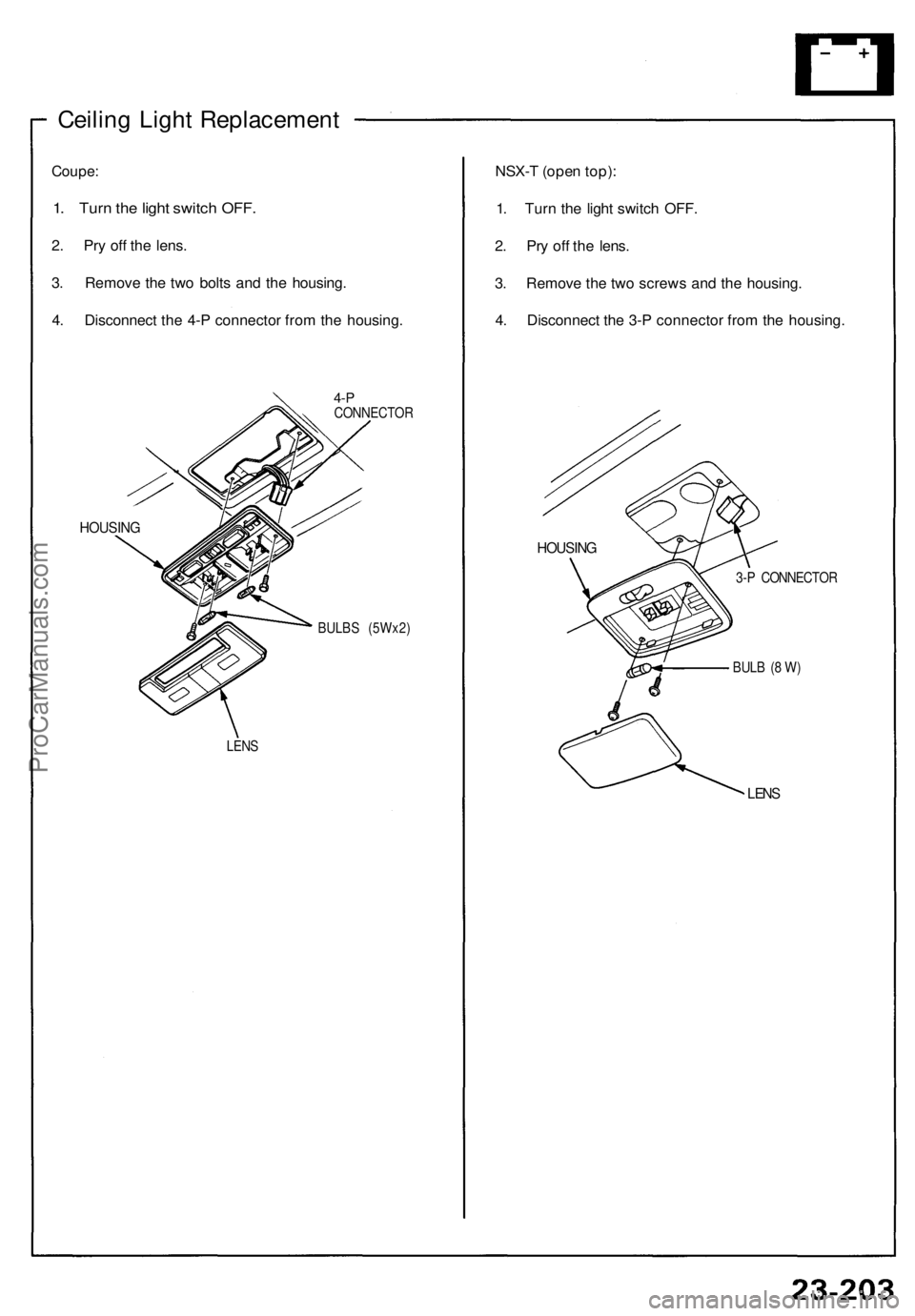ACURA NSX 1991  Service Repair Manual 
Ceiling Light Replacement

Coupe:

1. Turn the light switch OFF.

2. Pry off the lens.

3. Remove the two bolts and the housing.

4. Disconnect the 4-P connector from the housing.

4-P

CONNECTOR

HO
