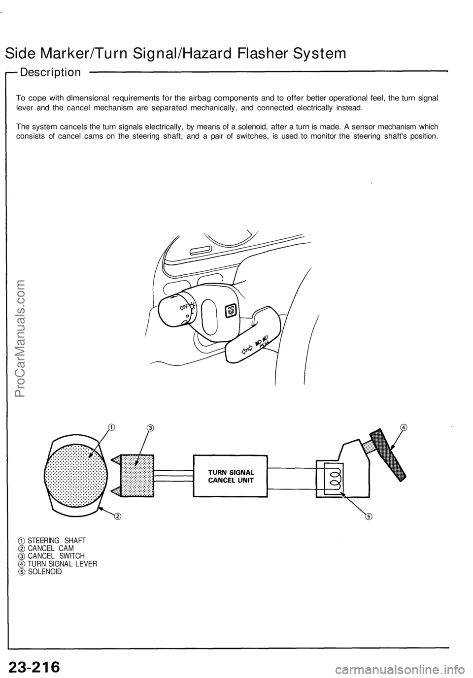 ACURA NSX 1991  Service Repair Manual 
Side Marker/Turn Signal/Hazard Flasher System

Description

To cope with dimensional requirements for the airbag components and to offer better operational feel, the turn signal

lever and the cancel
