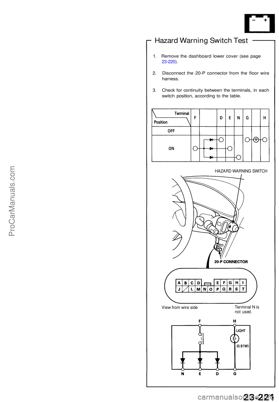 ACURA NSX 1991  Service Repair Manual Hazard Warnin g Switc h Tes t
1. Remov e th e dashboar d lowe r cove r (se e pag e 
23-220 ).
2 . Disconnec t th e 20- P connecto r fro m th e floo r wir e
harness .
3. Chec k fo r continuit y betwee 