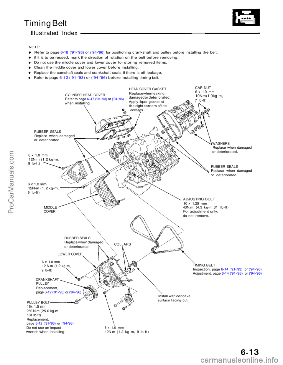 ACURA NSX 1991 Service Manual Online
Timing Belt
Illustrated Index
NOTE:
Refer to page 6-18 ('91-'93) or ('94-'96) for positioning crankshaft and pulley before installing the belt.
if it is to be reused, mark the direc ACURA NSX 1991 Service Manual Online
Timing Belt
Illustrated Index
NOTE:
Refer to page 6-18 ('91-'93) or ('94-'96) for positioning crankshaft and pulley before installing the belt.
if it is to be reused, mark the direc