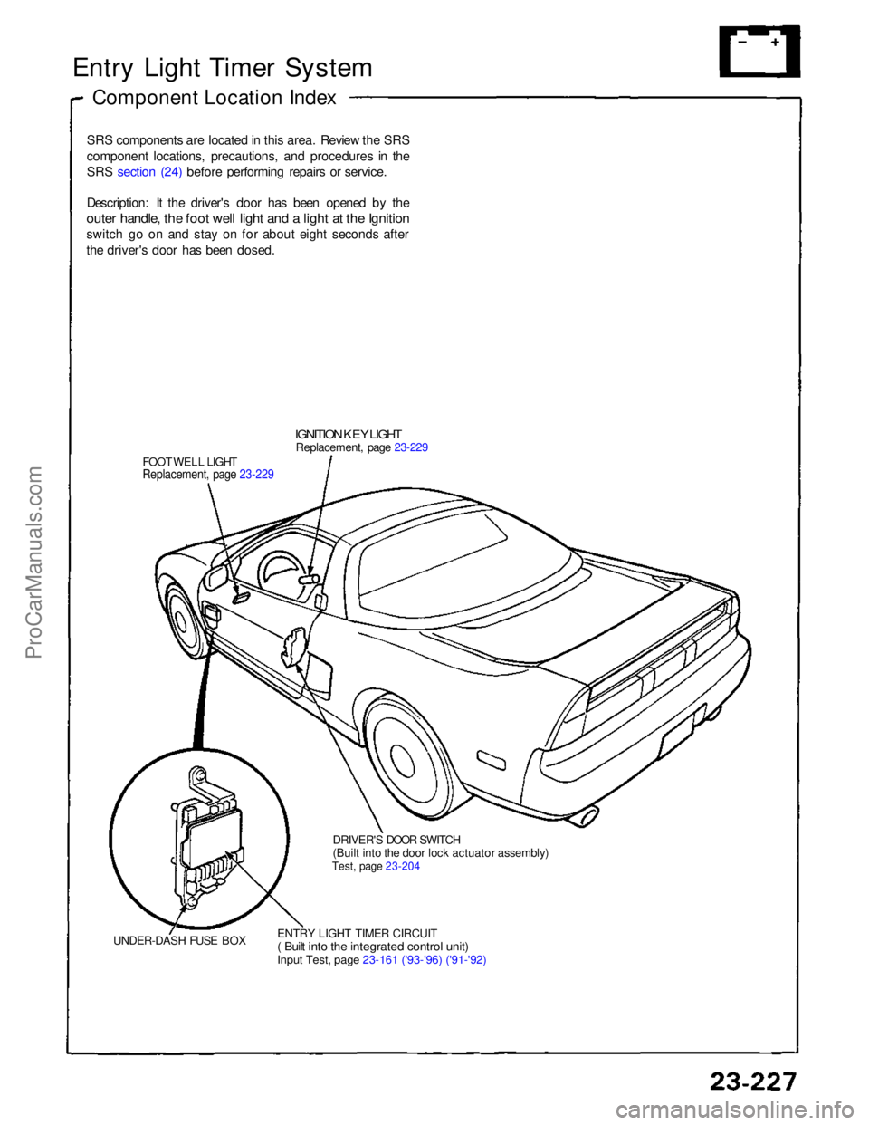 ACURA NSX 1991  Service Repair Manual 
Entry Light Timer System
Component Location Index
SRS components are located in this area. Review the SRS
component locations, precautions, and procedures in the
SRS section (24) before performing re