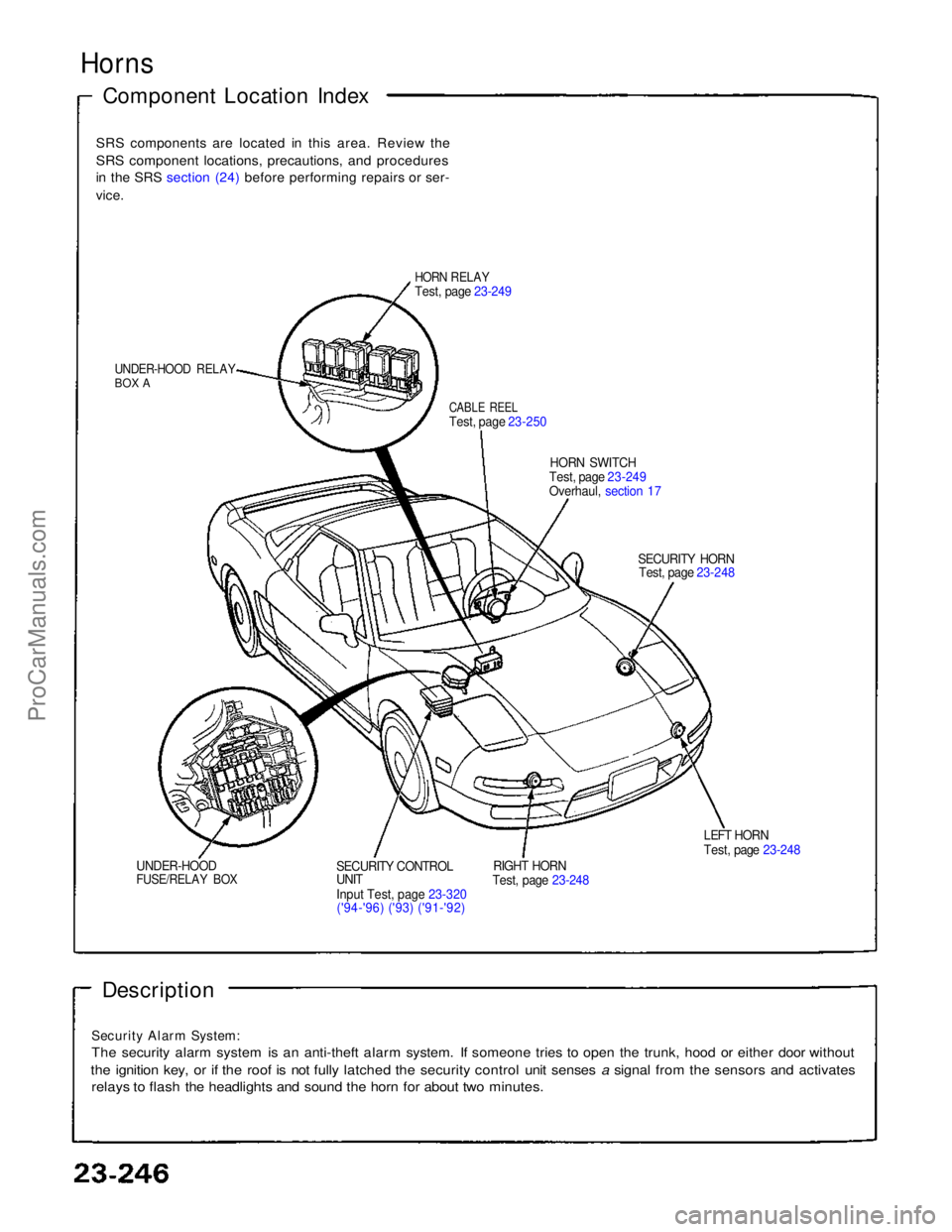 ACURA NSX 1991  Service Repair Manual 
Horns

Component Location Index

SRS components are located in this area. Review the

SRS component locations, precautions, and procedures

in the SRS section (24) before performing repairs or ser-

