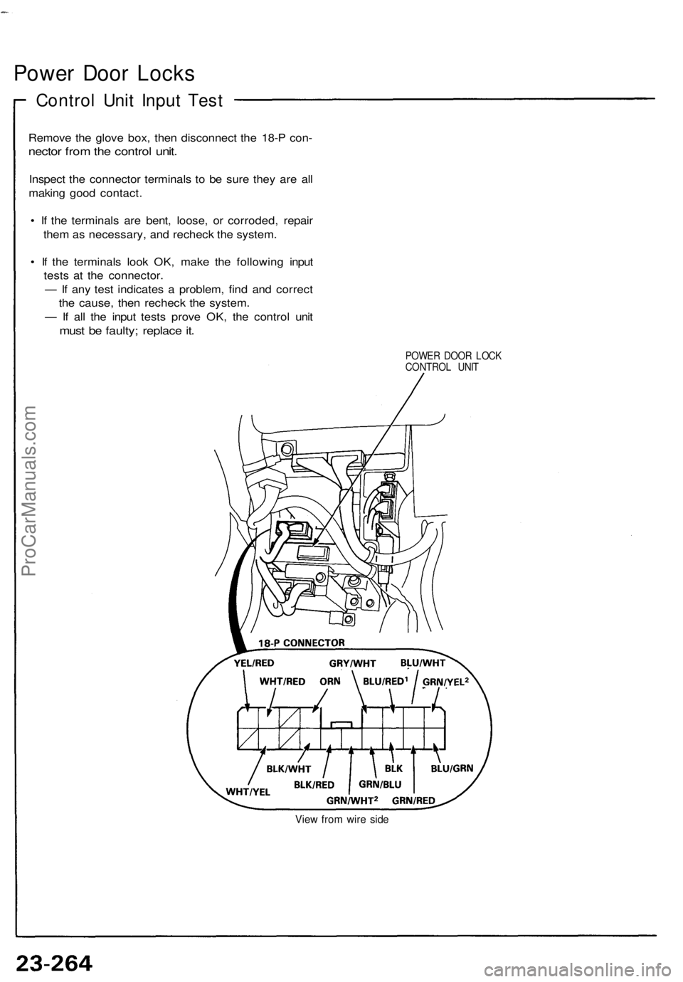 ACURA NSX 1991  Service Repair Manual 
Power Door Locks

Control Unit Input Test

Remove the glove box, then disconnect the 18-P con-

nector from the control unit.

Inspect the connector terminals to be sure they are all

making good con